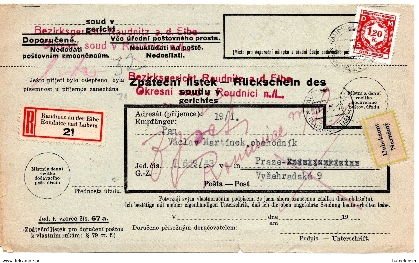 63262 - Deutsches Reich / Böhmen Und Mähren - 1943 - 1,20K Dienst EF A R-RSch RAUDNITZ -> PRAG, "unbekannt" Zurueck - Brieven En Documenten