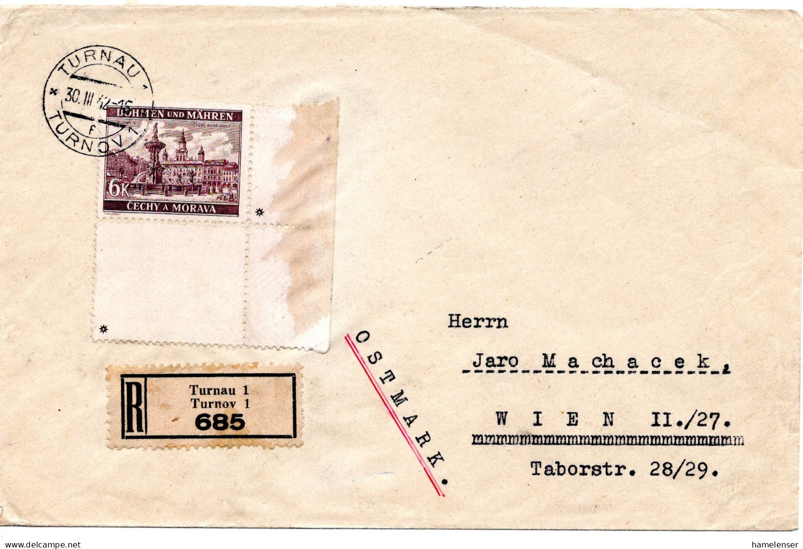 63274 - Deutsches Reich / Böhmen Und Mähren - 1942 - 6K Budweis EF A R-Bf TURNAU -> WIEN - Lettres & Documents