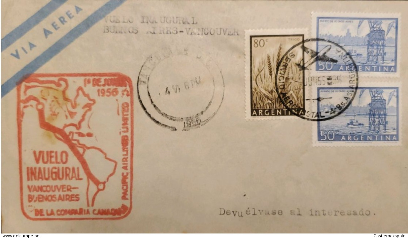 MI) 1955, ARGENTINA, AIRWAY, FROM BUENOS AIRES TO VANCOUVER, INAUGURAL FLIGHT, WHEAT AND PORT OF BUENOS AIRES STAMPS, XF - Oblitérés