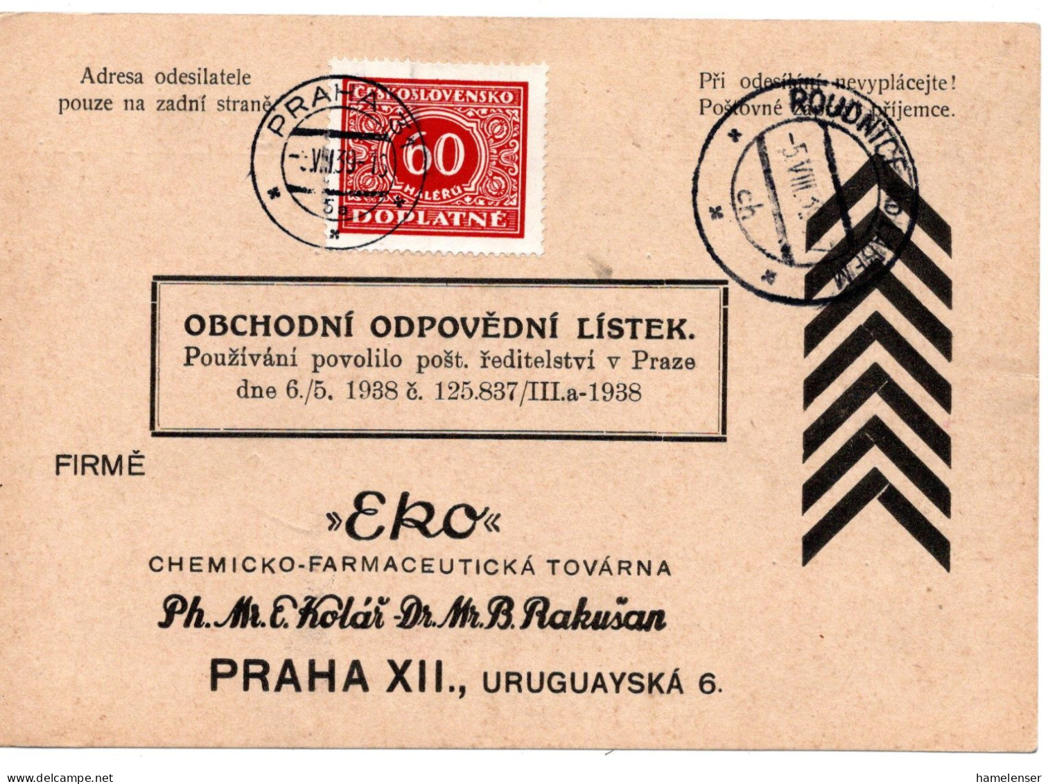 63281 - Deutsches Reich / Böhmen Und Mähren - 1939 - Unfrank AntwKte ROUDNICE -> PRAHA, M 60h CSR-Portomke - Covers & Documents