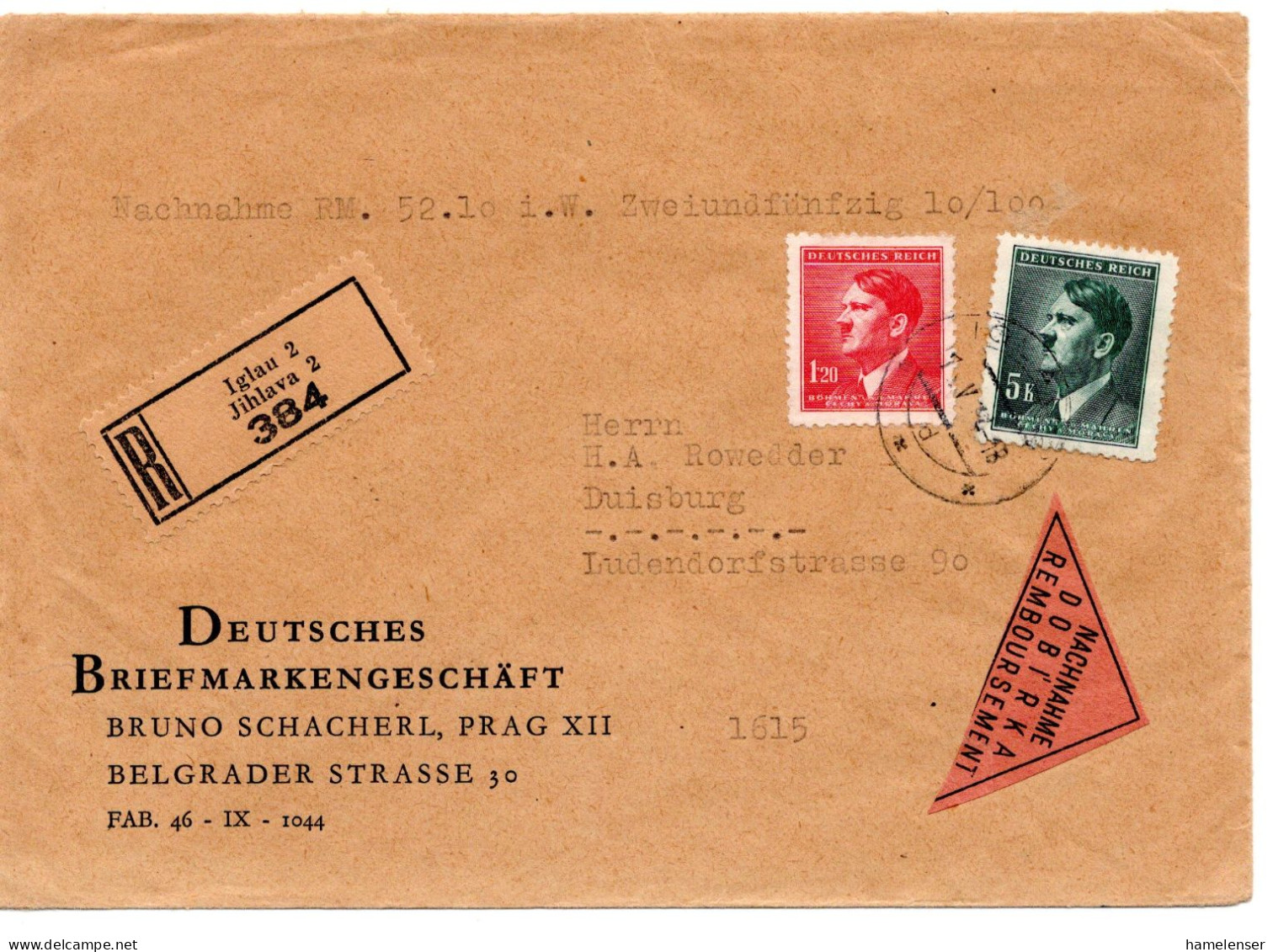 63286 - Deutsches Reich / Böhmen Und Mähren - 1944 - 5K Hitler MiF A R-NN-Bf IGLAU -> Duisburg - Covers & Documents