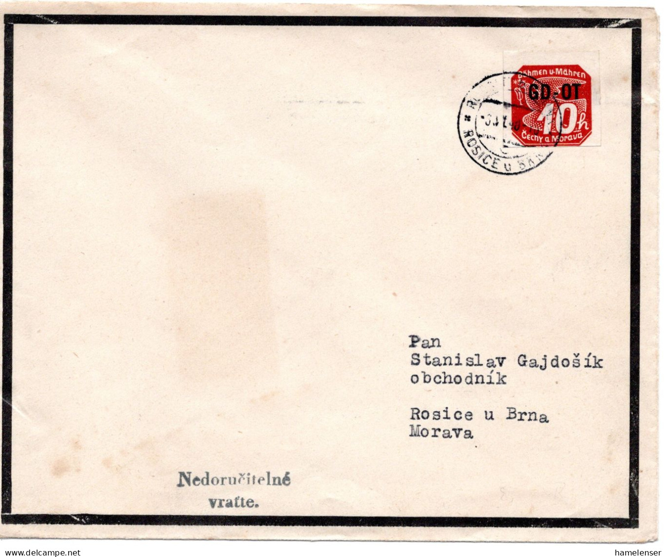 63290 - Deutsches Reich / Böhmen Und Mähren - 1940 - 10h GD-DT EF A DrucksOrtsBf ROSICE - Lettres & Documents
