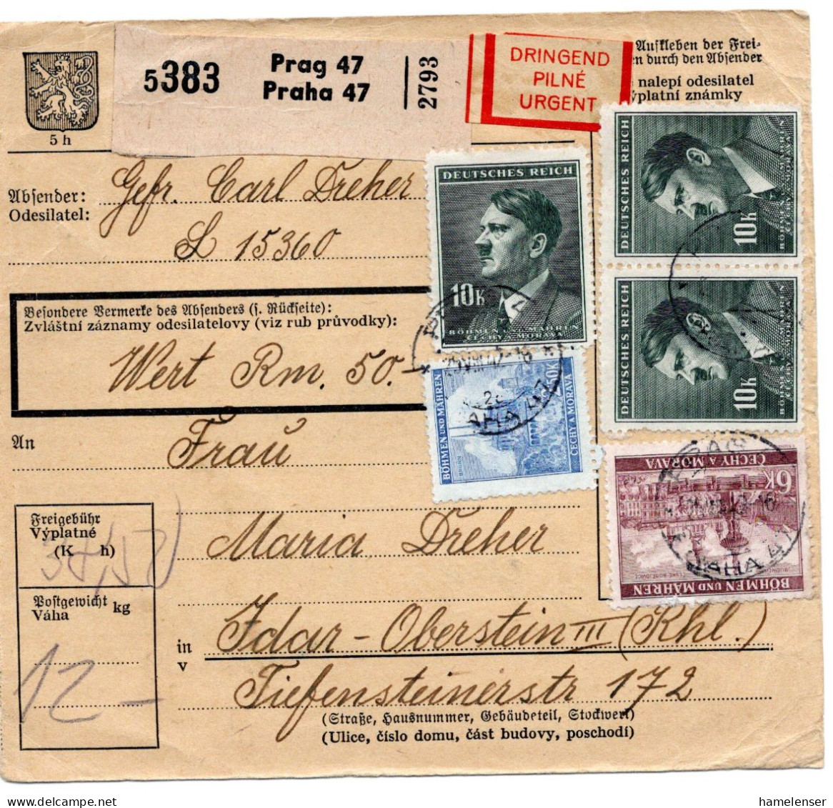63291 - Deutsches Reich / Böhmen Und Mähren - 1942 - 3@30K Hitler MiF A PaketKte PRAG -> IDAR-OBERSTEIN - Lettres & Documents