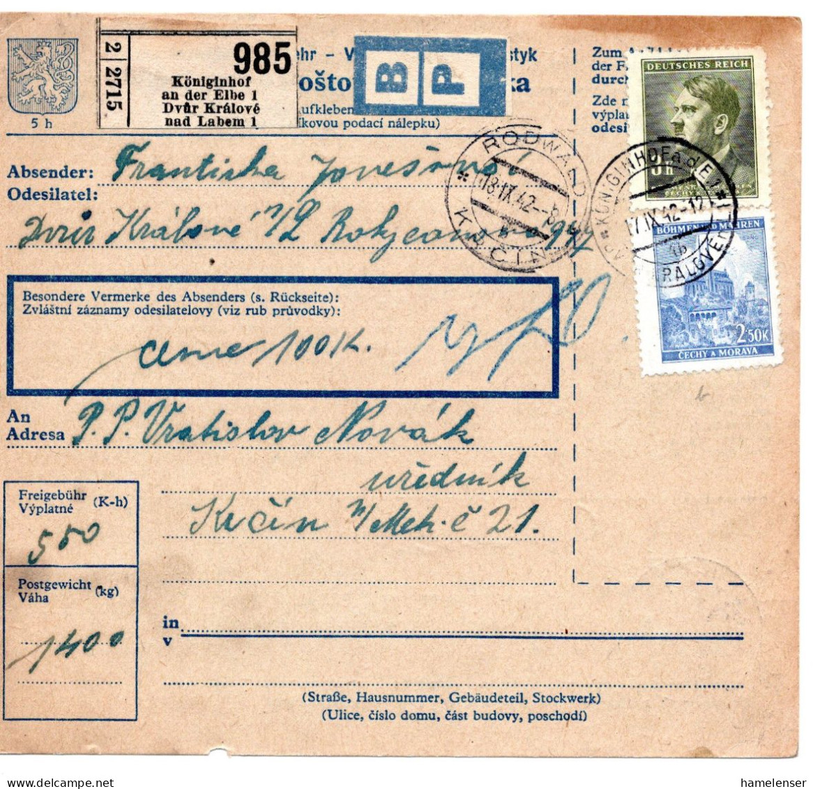 63292 - Deutsches Reich / Böhmen Und Mähren - 1942 - 3K Hitler MiF A PaketKte KOENIGINHOF -> RODWALD - Lettres & Documents