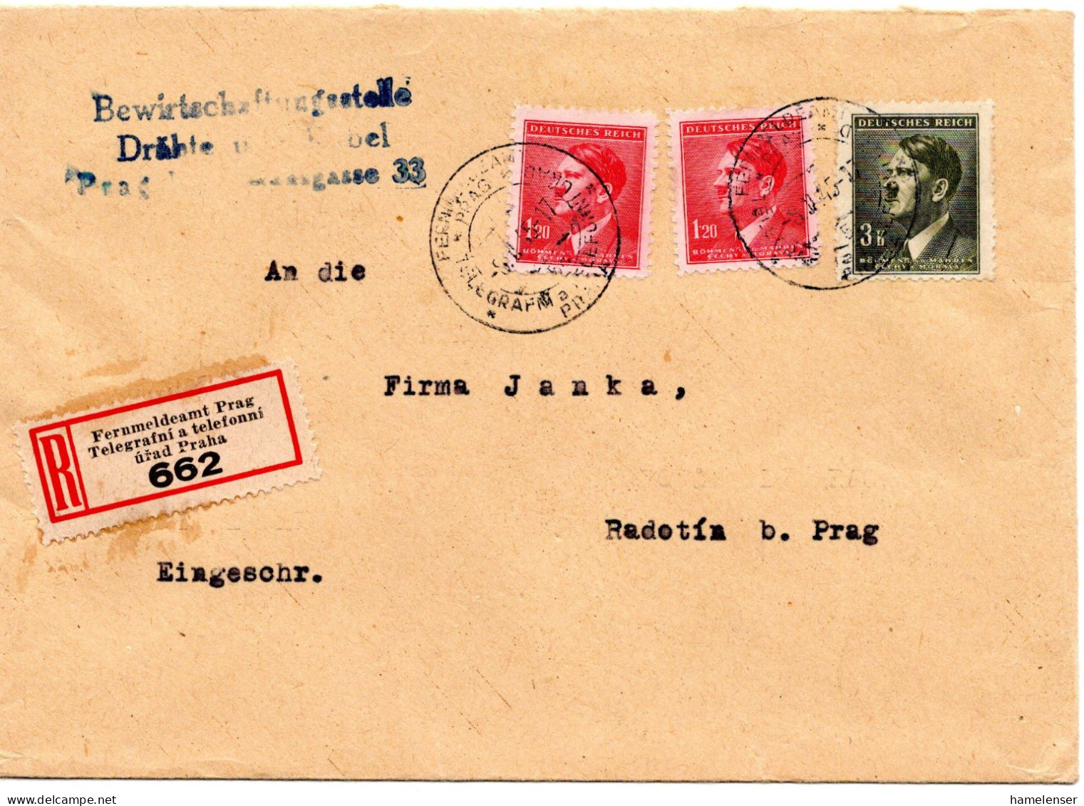 63294 - Deutsches Reich / Böhmen Und Mähren - 1945 - 3K Hitler MiF A R-Bf FERNMELDEAMT PRAG -> RADOTIN - Briefe U. Dokumente