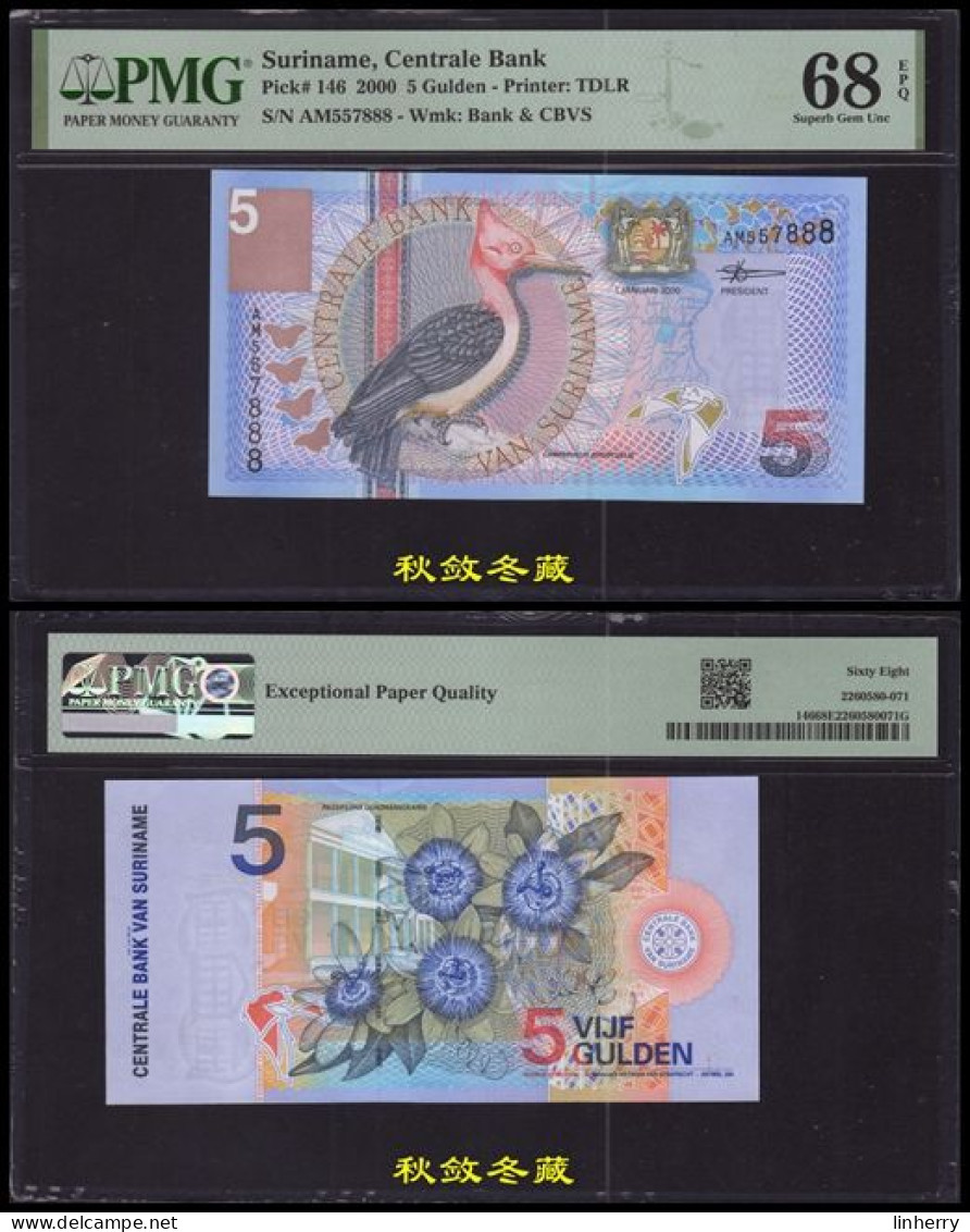 Suriname 5 Gulden 2000, Paper, Lucky Number 888, PMG68 - Suriname