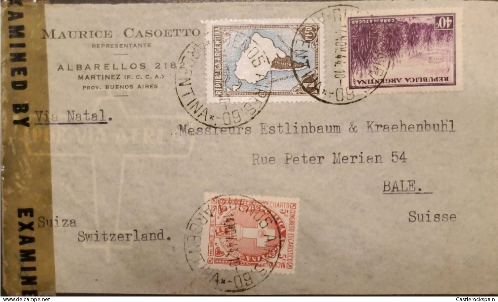 MI) 1944, ARGENTINA, CENSORED, VIA NATAL, FROM BUENOS AIRES TO SWITZERLAND, AIR MAIL, SUGAR CANE, MAP OF ARGENTINA WITHO - Oblitérés