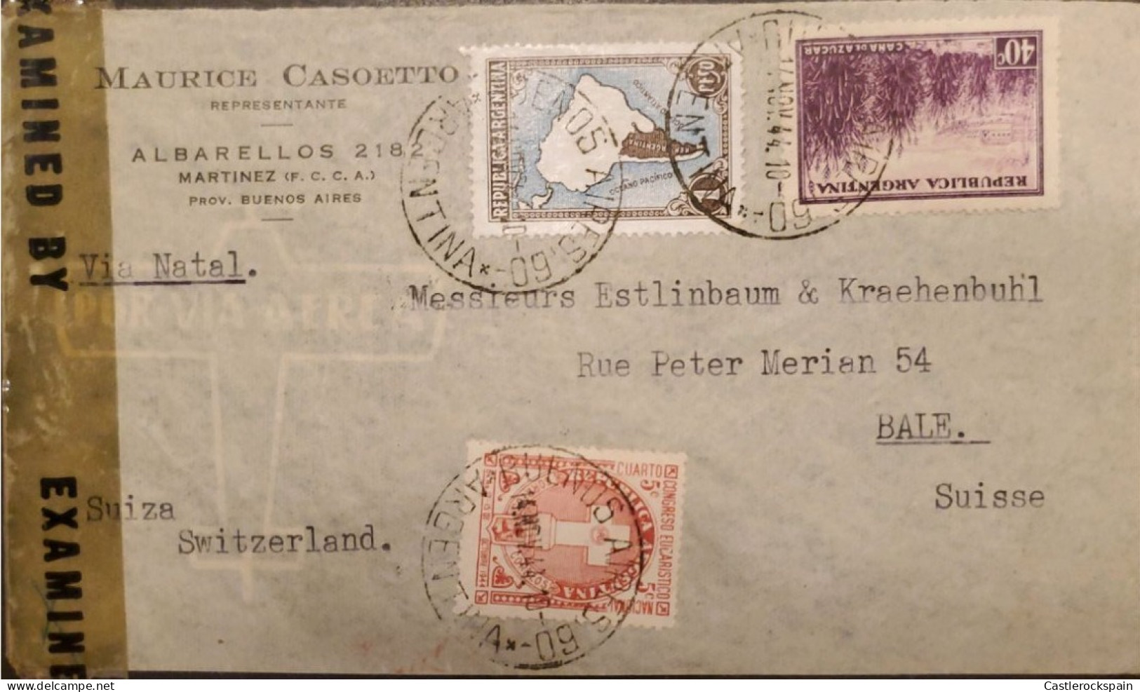 MI) 1944, ARGENTINA, CENSORED, VIA NATAL, FROM BUENOS AIRES TO SWITZERLAND, AIR MAIL, SUGAR CANE, MAP OF ARGENTINA WITHO - Used Stamps