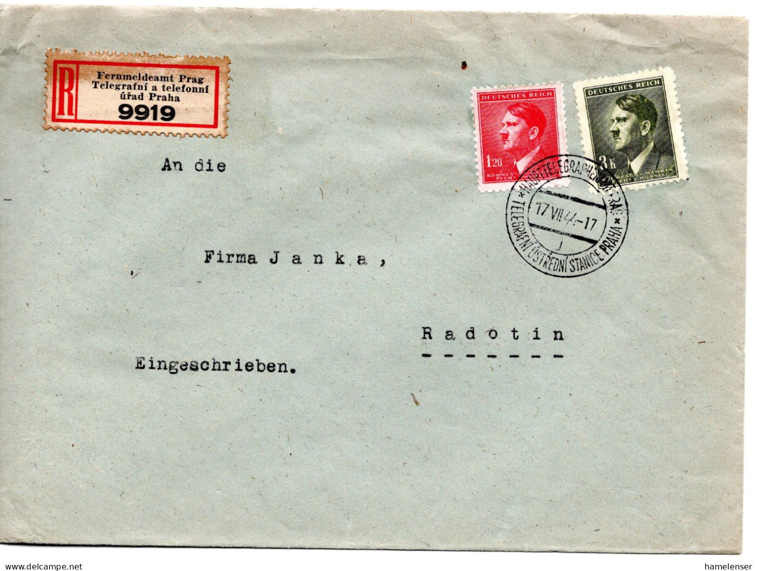 63296 - Deutsches Reich / Böhmen Und Mähren - 1944 - 3K Hitler MiF A R-Bf HAUPTTELEGRAFENAMT PRAG -> Radotin - Lettres & Documents