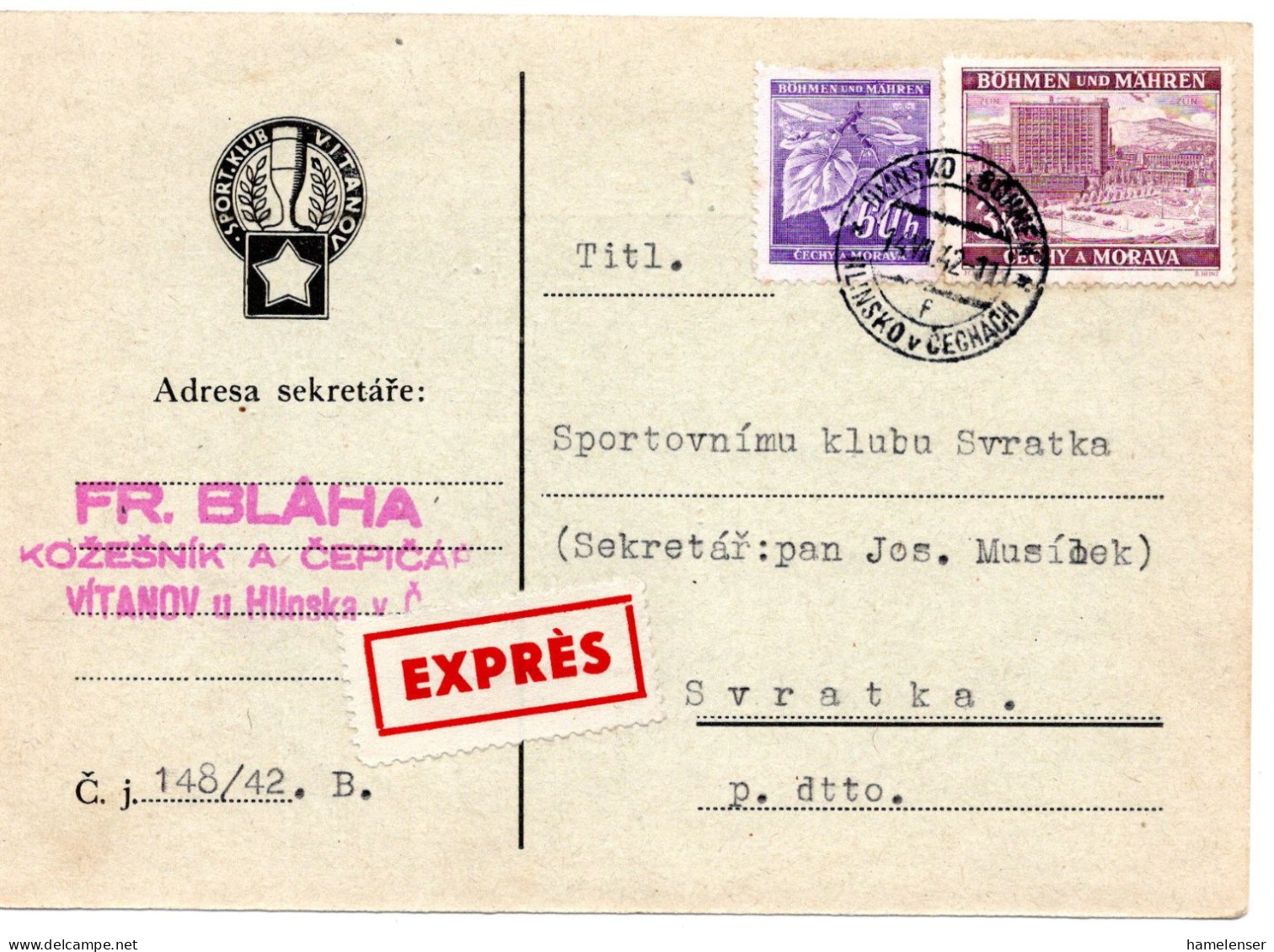 63298 - Deutsches Reich / Böhmen Und Mähren - 1942 - 4K Zlin MiF A EilKte HLINSKO -> Svratka - Lettres & Documents