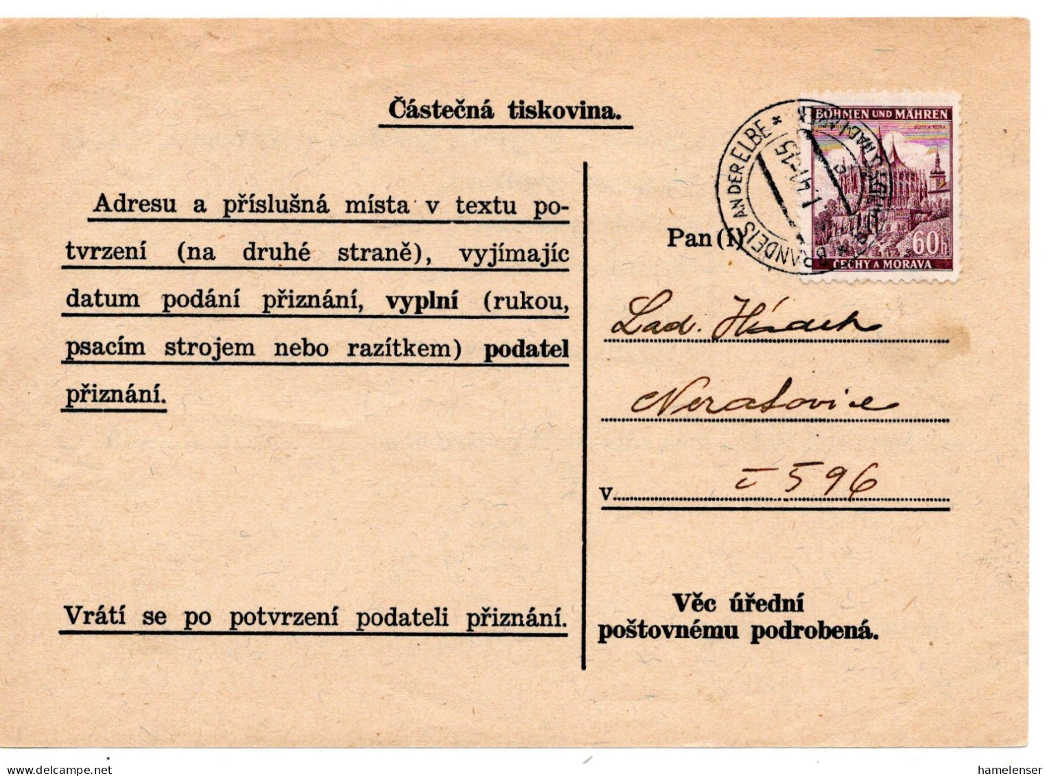 63301 - Deutsches Reich / Böhmen Und Mähren - 1941 - 60h Kuttenberg EF A DrucksKte BRANDEIS -> - Briefe U. Dokumente
