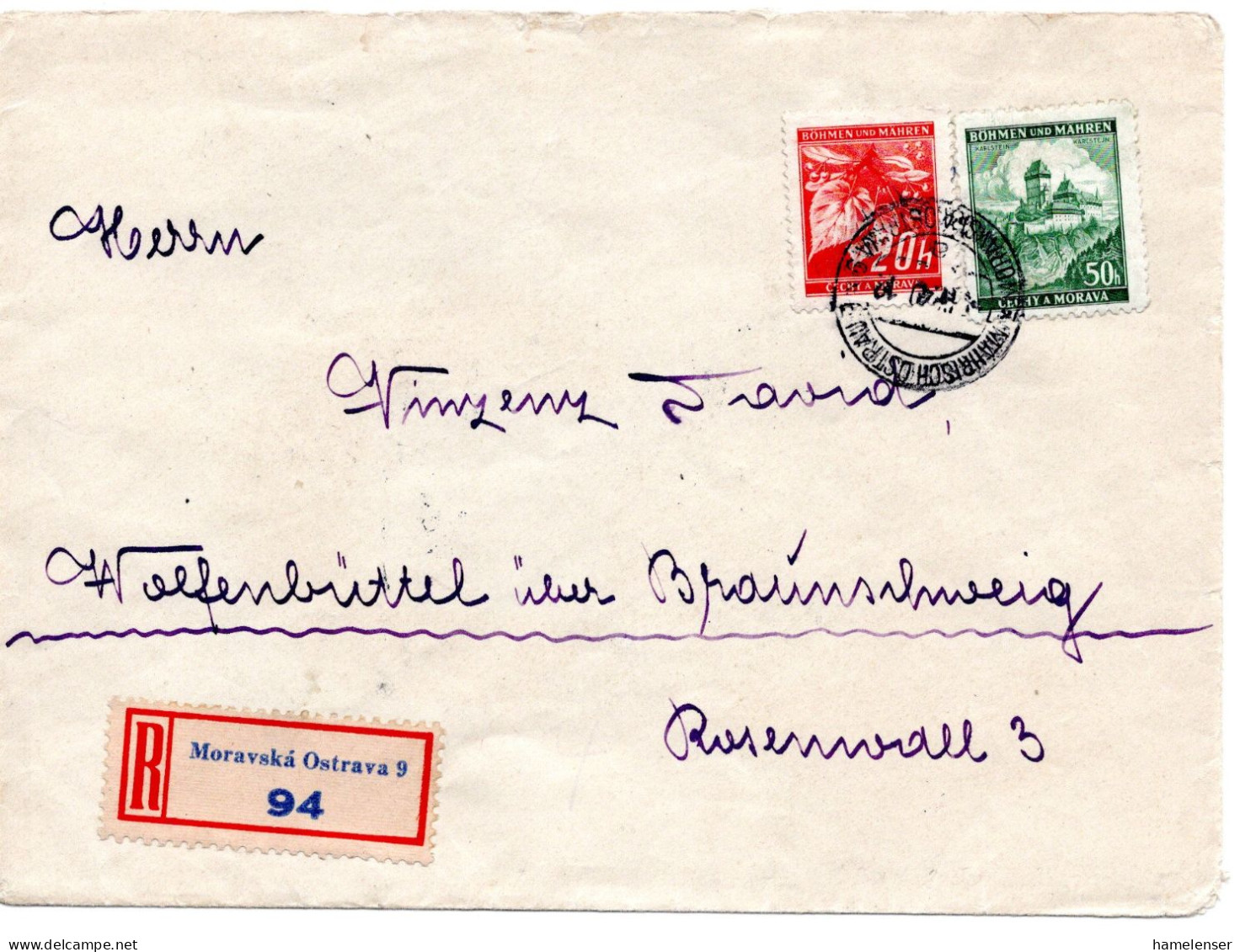 63311 - Deutsches Reich / Böhmen Und Mähren - 1940 - 7@50h Karlstein MiF A R-Bf MAEHRISCH-OSTRAU -> WOLFENBUETTEL - Brieven En Documenten