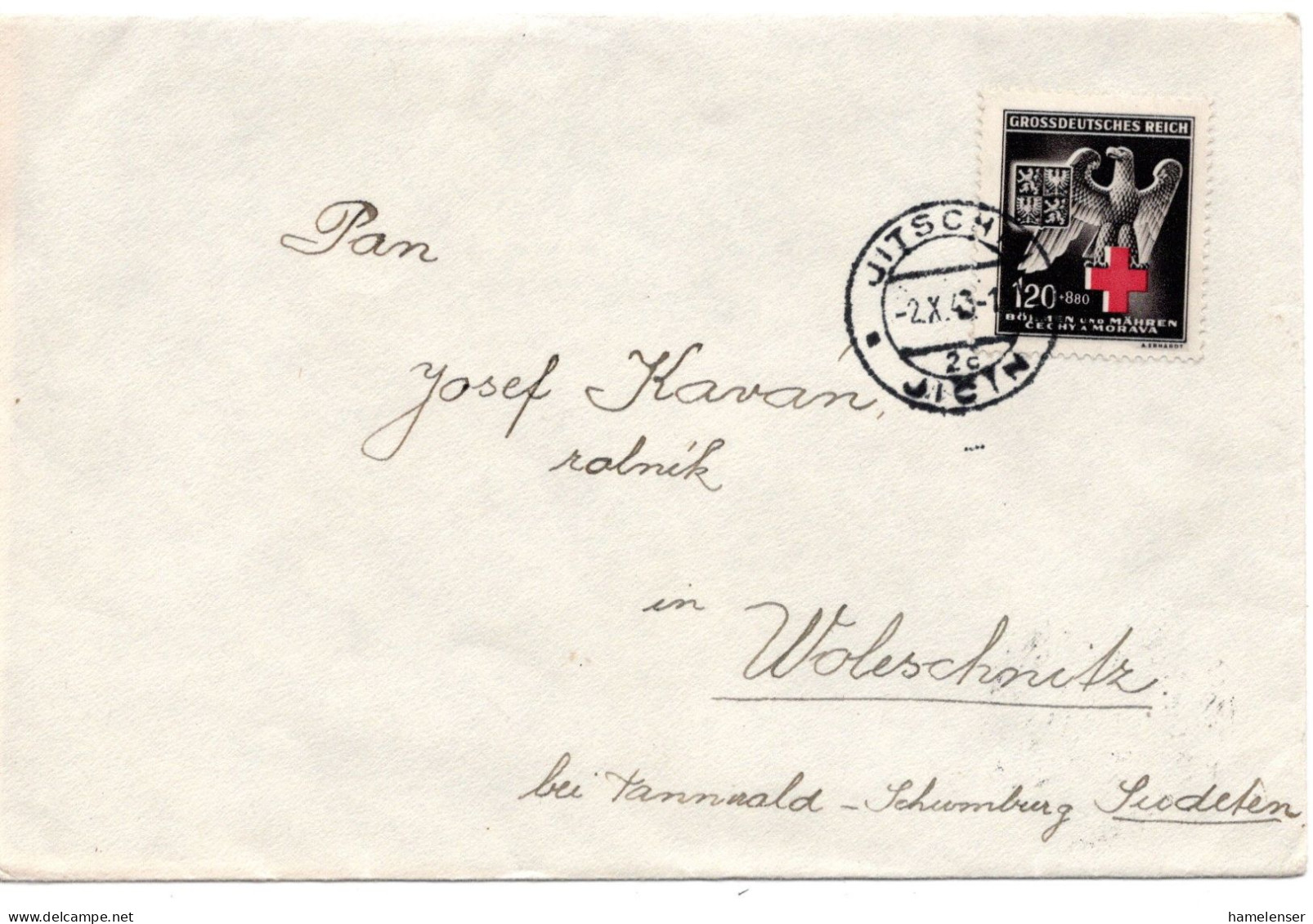 63312 - Deutsches Reich / Böhmen Und Mähren - 1943 - 1,20K Rotes Kreuz EF A Bf JITSCHIN -> Woleschnitz - Croix-Rouge