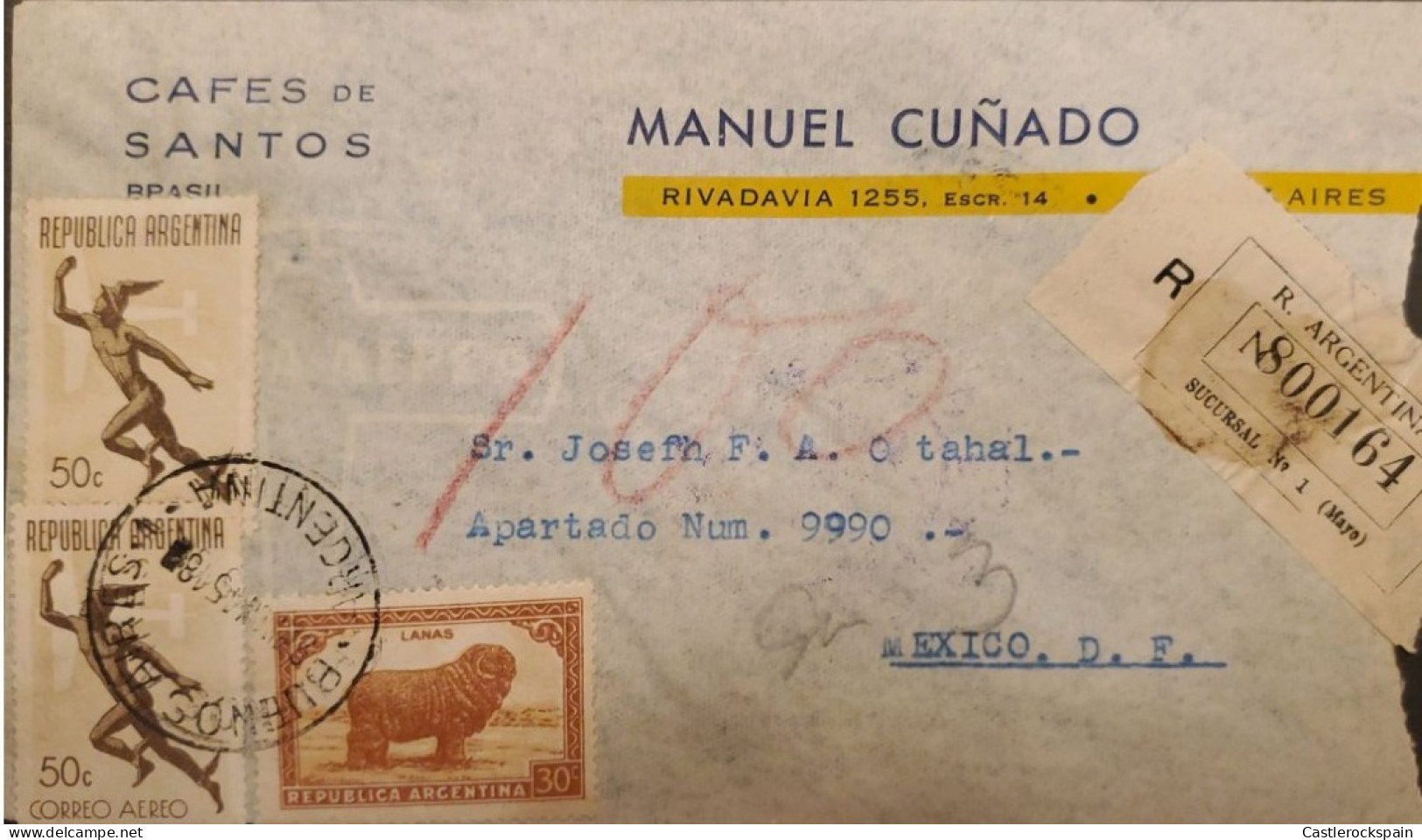 MI) 1951, ARGENTINA, FROM BUENOS AIRES TO MEXICO, AIR MAIL, REGISTERED, WOOL STAMP - Gebraucht