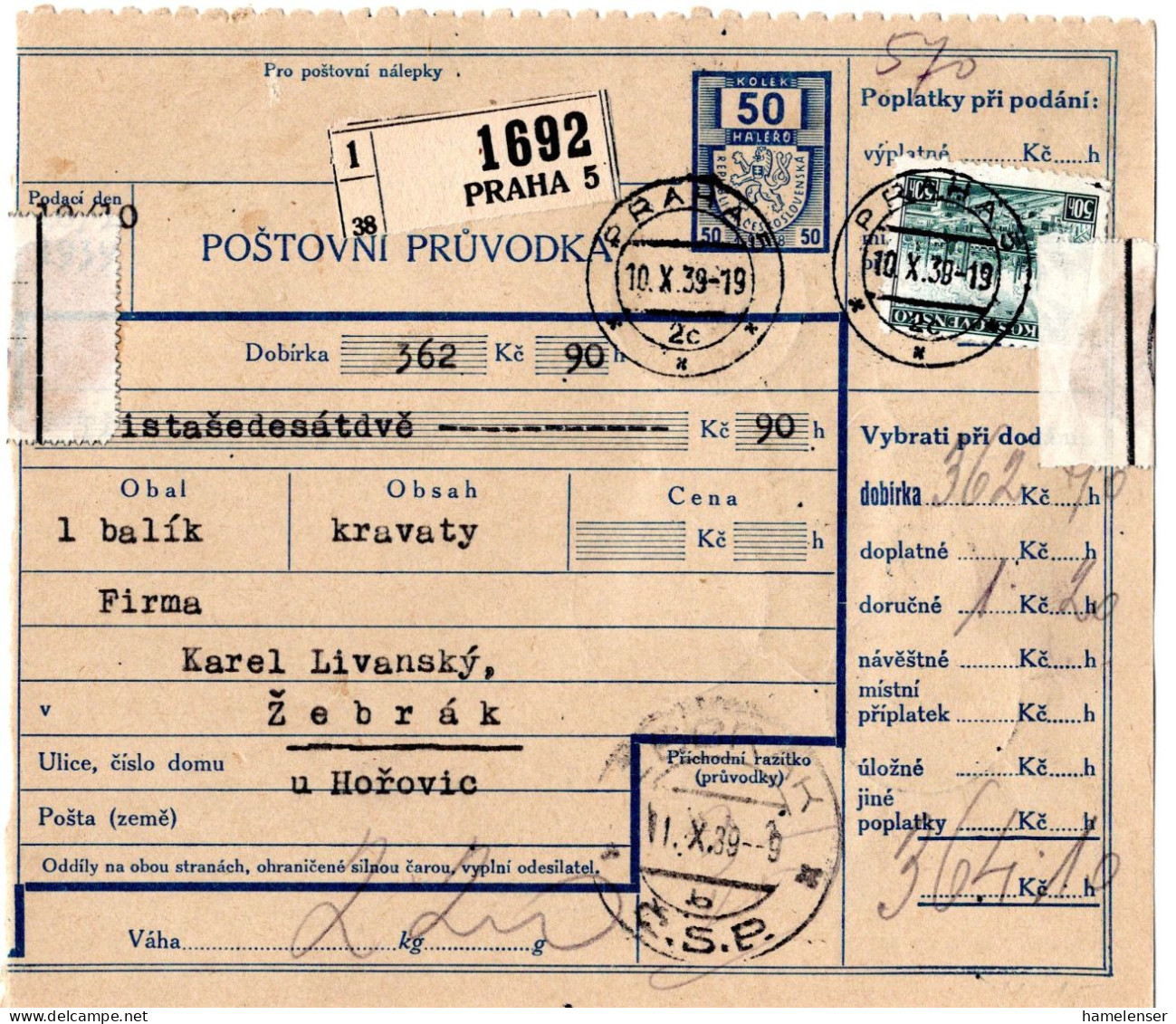 63316 - Deutsches Reich / Böhmen Und Mähren - 1939 - CSR 2@2,50Kc MiF A NN-PaketKte PRAHA -> ZEBRAK - Cartas & Documentos