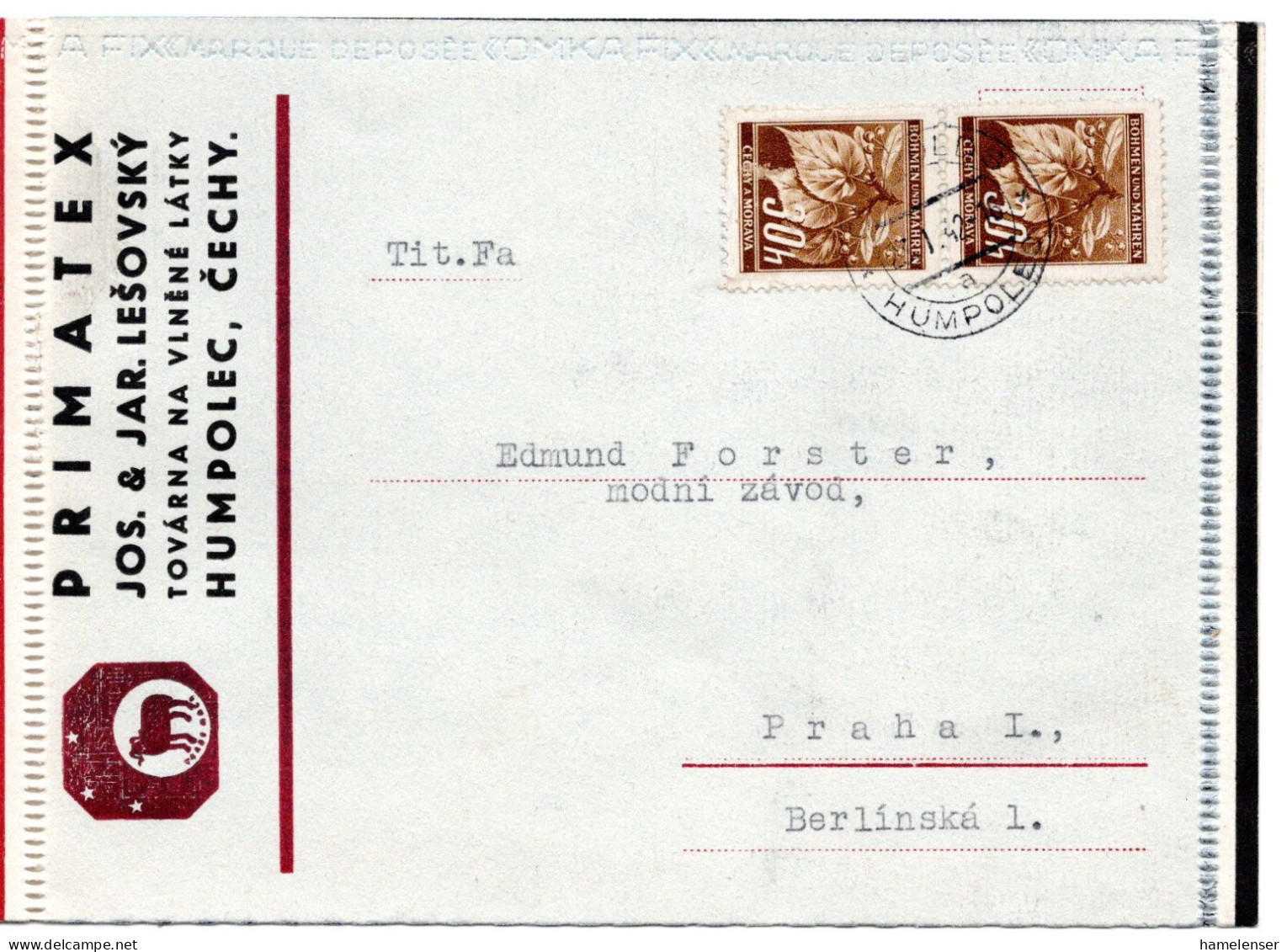 63319 - Deutsches Reich / Böhmen Und Mähren - 1942 - 2@30h Lindenzweig A Kte HUMPOLETZ -> Praha - Covers & Documents