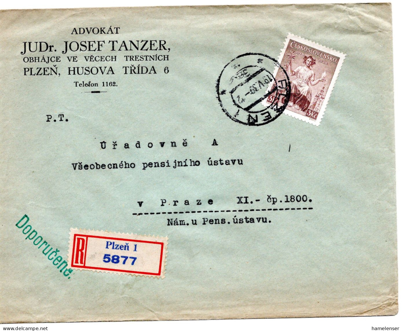 63321 - Deutsches Reich / Böhmen Und Mähren - 1939 - CSR 3Kcs Frieden EF A R-Bf PLZEN -> Praha - Lettres & Documents