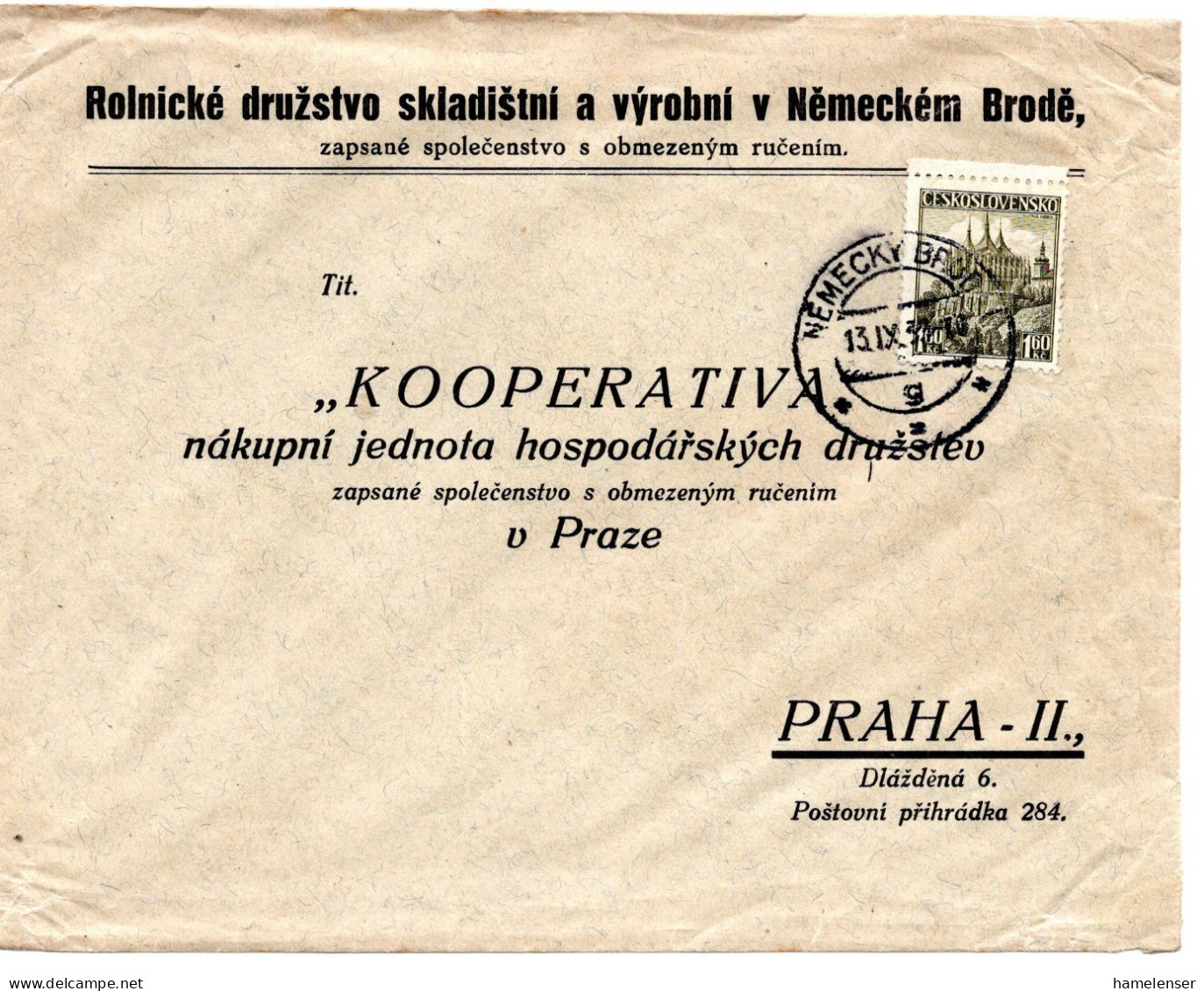 63323 - Deutsches Reich / Böhmen Und Mähren - 1939 - CSR 1,60Kcs Kutna Hora EF A Bf NEMECKY BROD -> Praha - Lettres & Documents