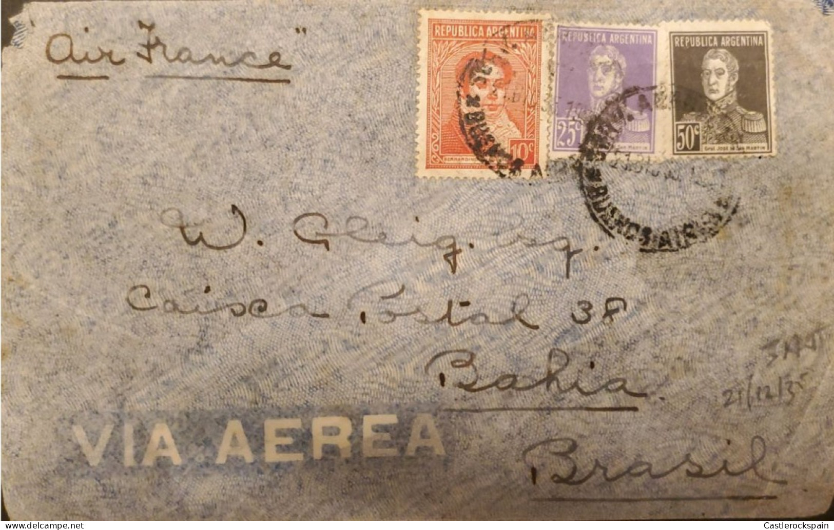 MI) 1935, ARGENTINA, AIR FRANCE, FROM BUENOS AIRES TO BAHIA - BRAZIL, AIR MAIL, GRAL SAN MARTIN AND RIVADAVIA STAMPS - Usati