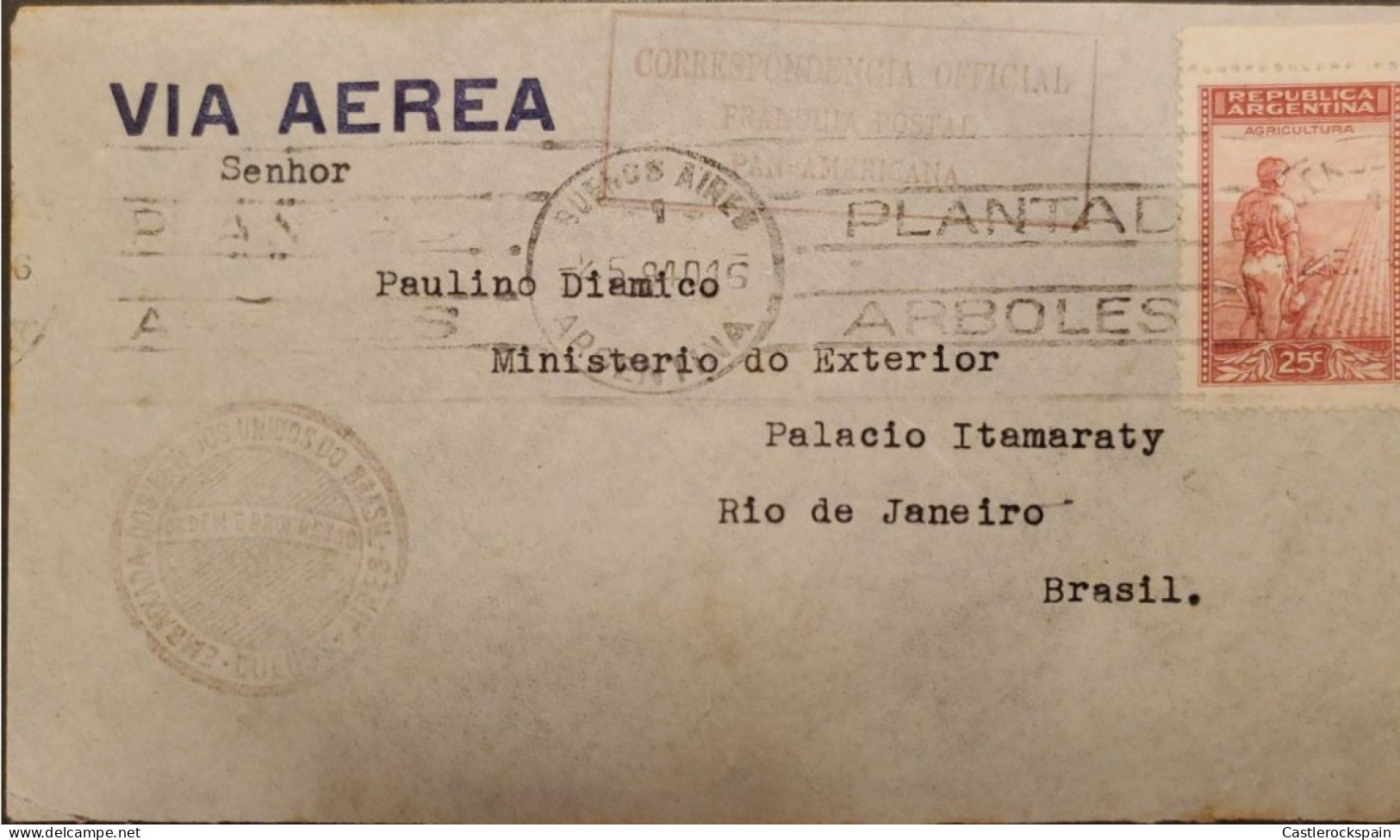 MI) 1946, ARGENTINA, FROM BUENOS AIRES TO RIO DE JANEIRO - BRAZIL, AIR MAIL, WITH SLOGAN AND OTHER CANCELLATION STAMPS, - Usados