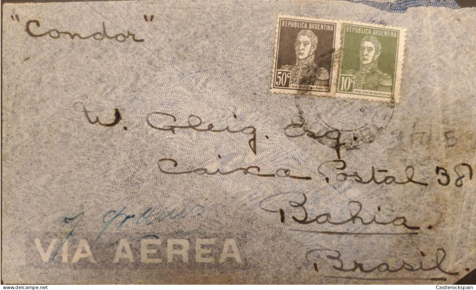 MI) 1923, ARGENTINA, CONDOR, FROM BUENOS AIRES TO BAHIA - BRAZIL, AIR MAIL, GRAL JOSE DE SAN MARTIN - Gebraucht