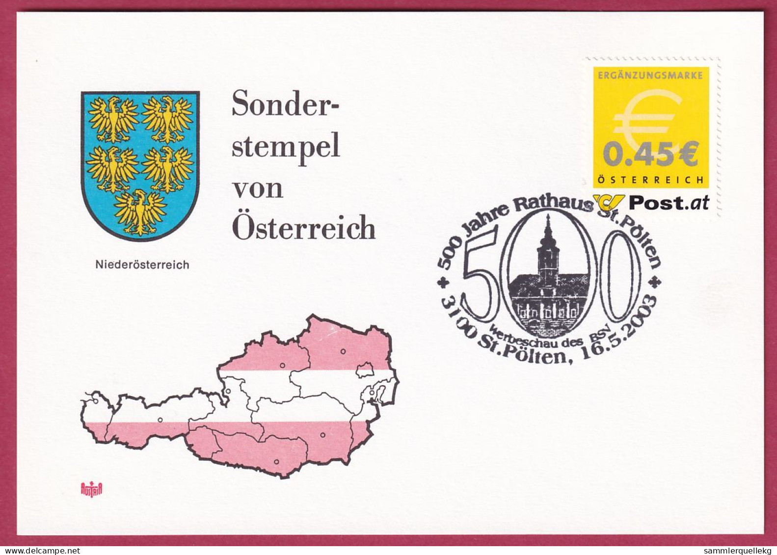 Österreich MNr. 2402 Sonderstempel 16. 5. 2003, 500 Jahre Rathaus St. Pölten - Brieven En Documenten