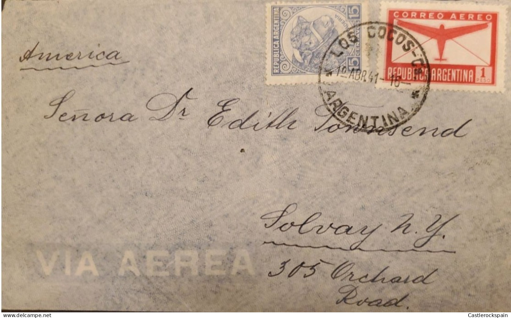 MI)  1941, ARGENTINA, AIR MAIL, FROM LOS COCOS TO NEW YORK, LIVESTOCK STAMP, XF - Usados