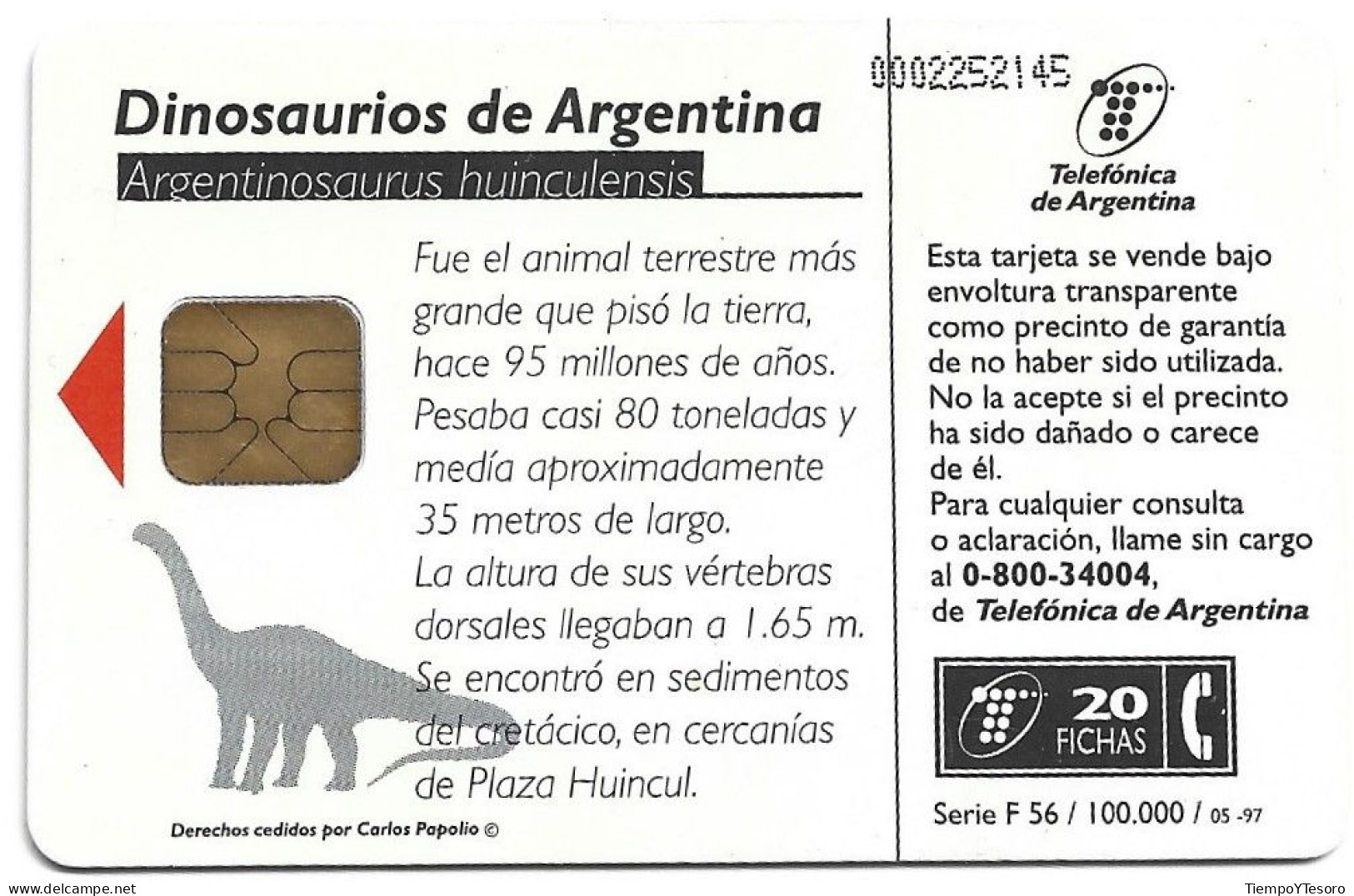 Phonecard - Argentinosaurus, N°1345 - Andere & Zonder Classificatie