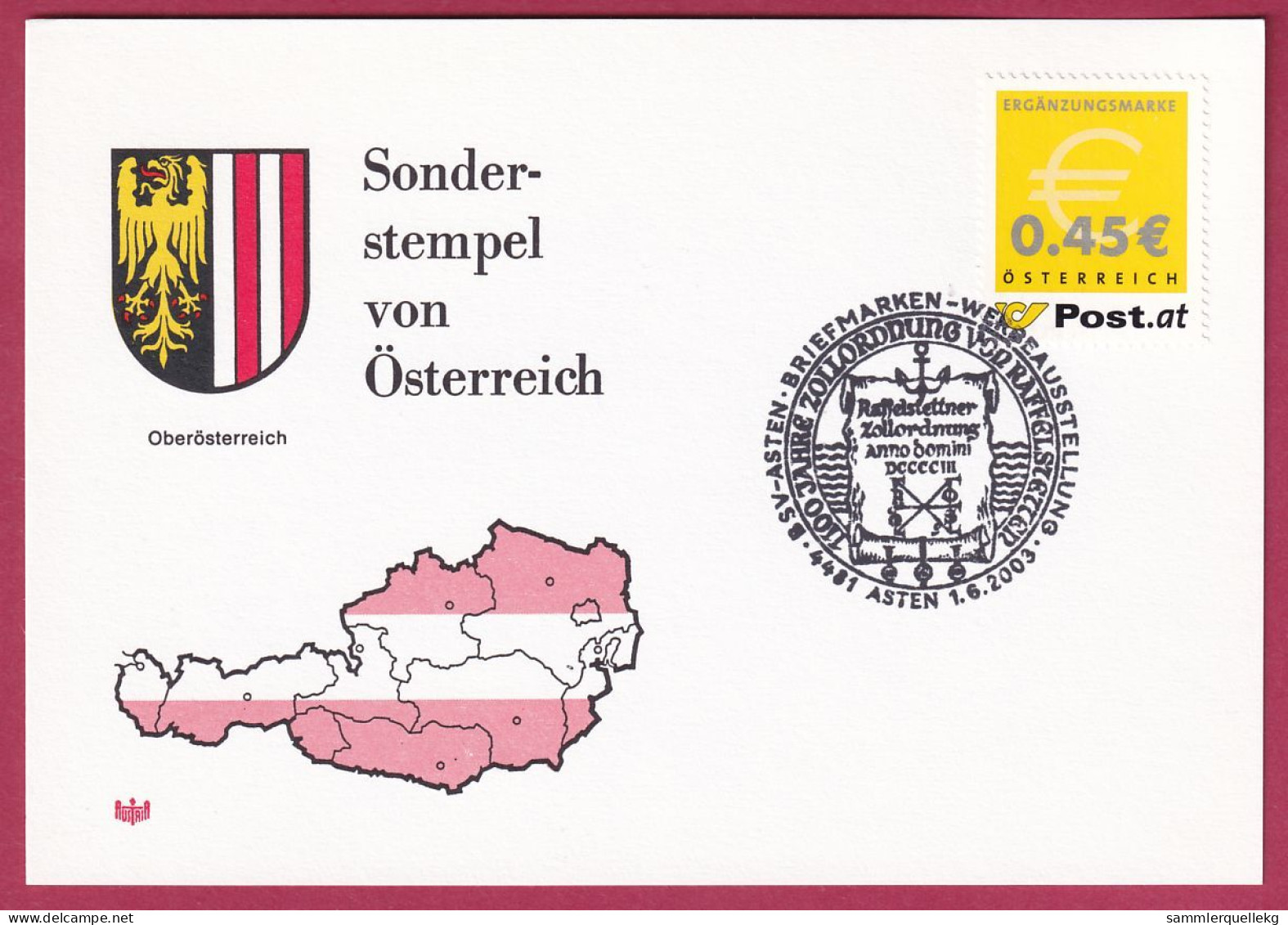 Österreich MNr. 2402 Sonderstempel 1. 6. 2003, Asten 1100 Jahre Zollordung - Briefe U. Dokumente