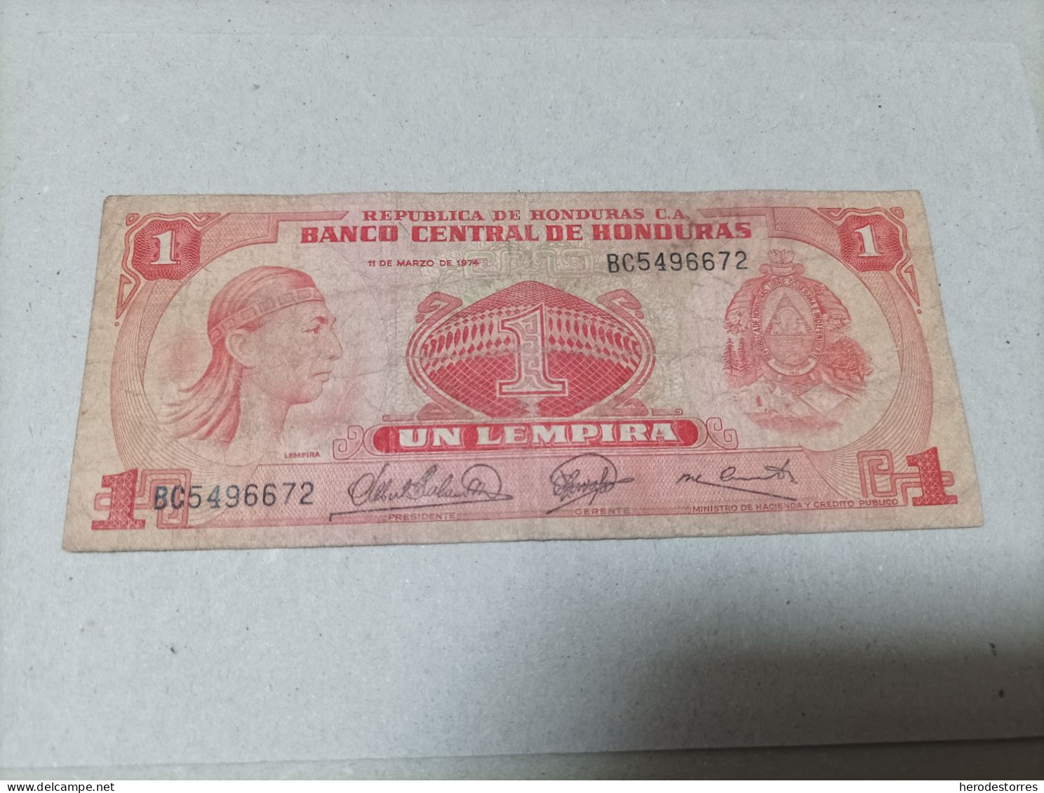 Billete Honduras, 1 Lempira, Año 1974 - Honduras