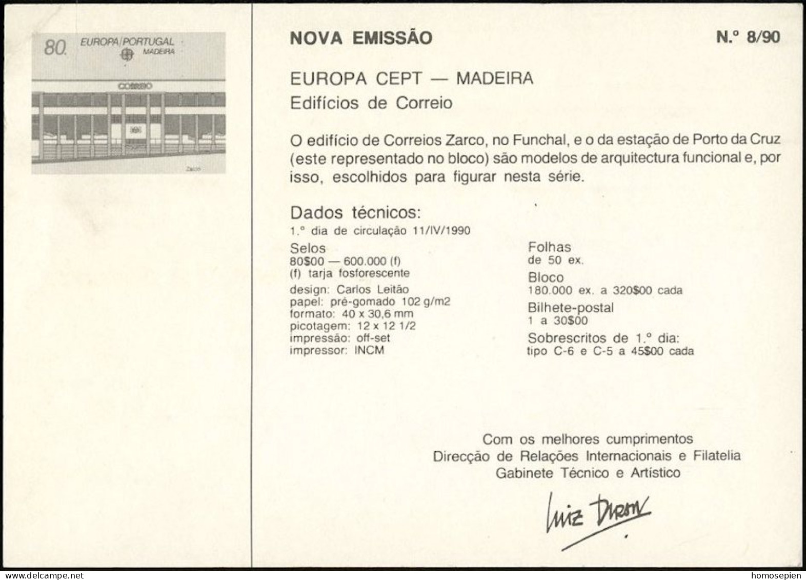 Madère - Madeira - Portugal Document 1990 Y&T N°DP140 - Michel N°PD133 *** - 80e EUROPA - Madeira