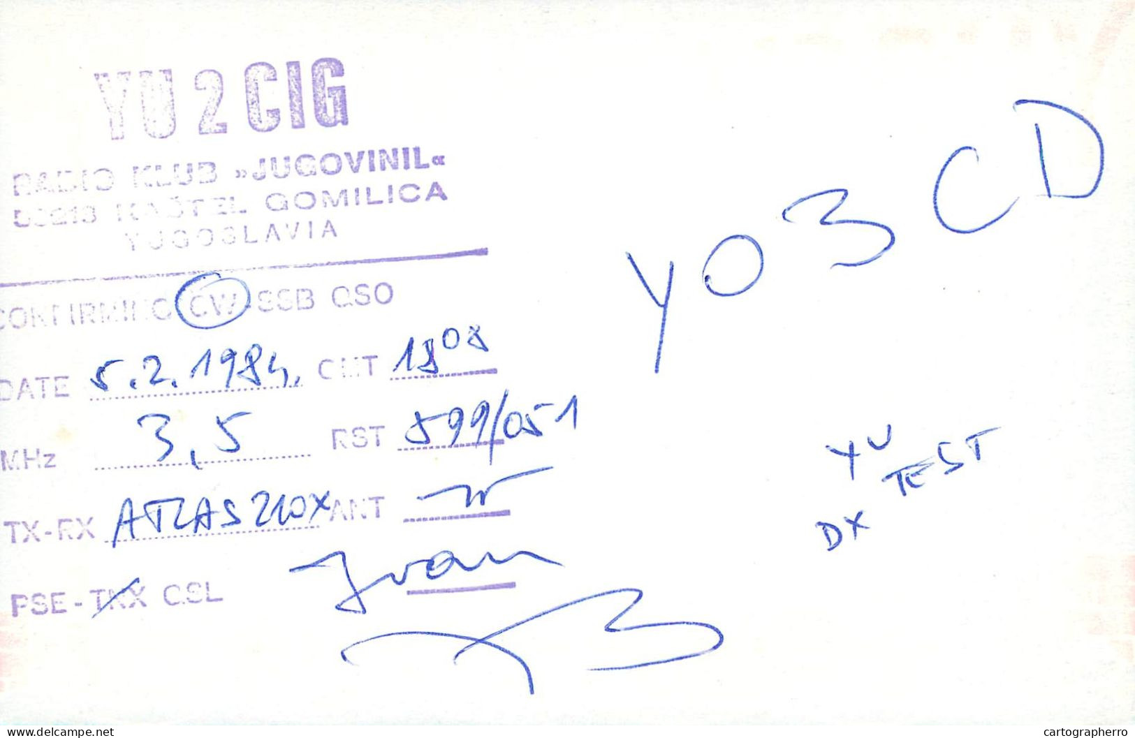 QSL Card Yugoslavia Amateur Radio Station YU2CIG 1983 Y03CD Ivan - Radio Amatoriale