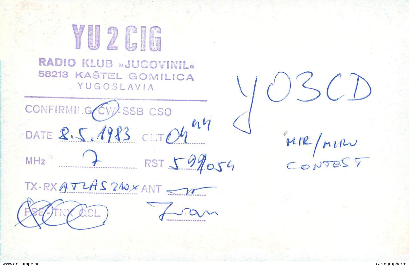 QSL Card Yugoslavia Amateur Radio Station YU2CIG 1983 Y03CD Ivan - Radio Amatoriale