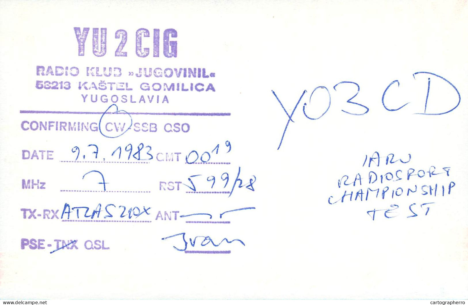 QSL Card Yugoslavia Amateur Radio Station YU2CIG 1983 Y03CD Ivan - Amateurfunk