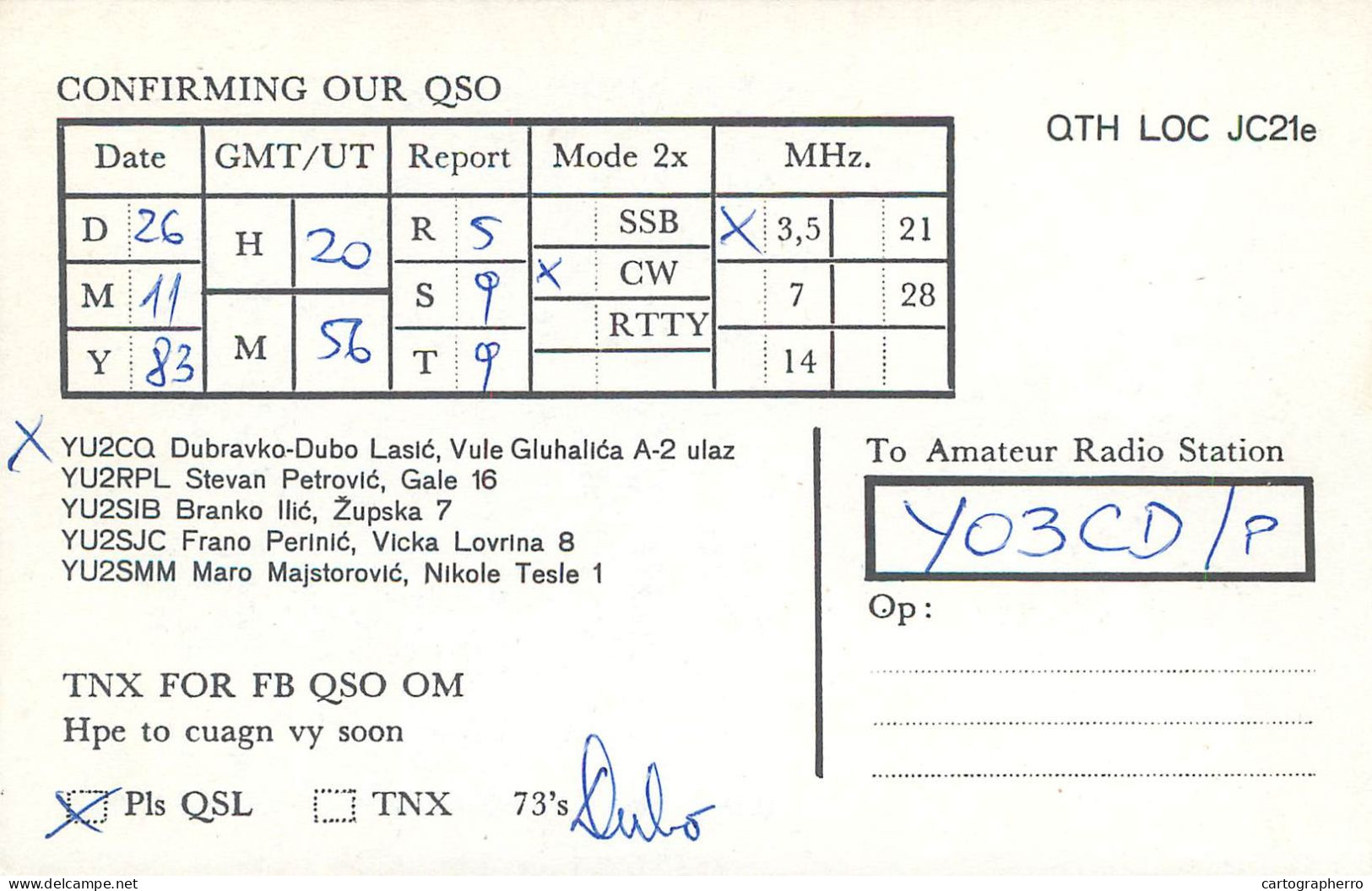 QSL Card Yugoslavia Amateur Radio Station YU2CQ YU2RPL YU2SIB YU2SJC YU2SMM - Radio Amatoriale