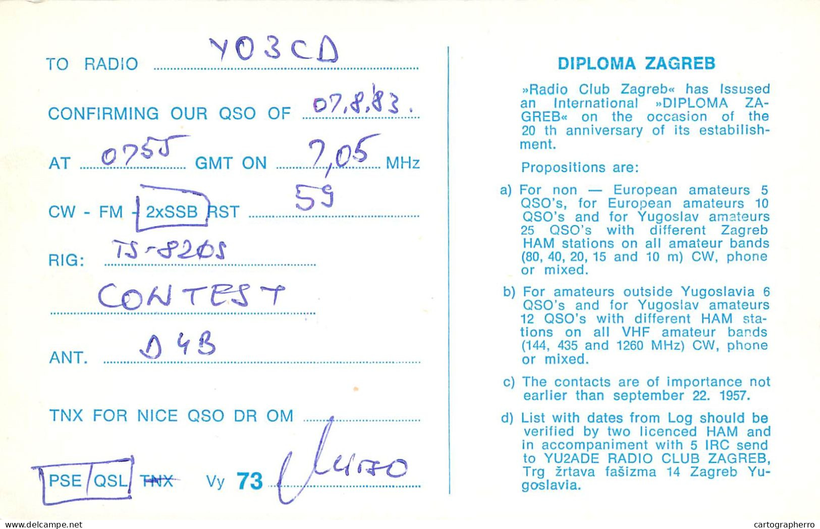 QSL Card Yugoslavia Amateur Radio Station YU2ADE Y03CD Muso - Amateurfunk