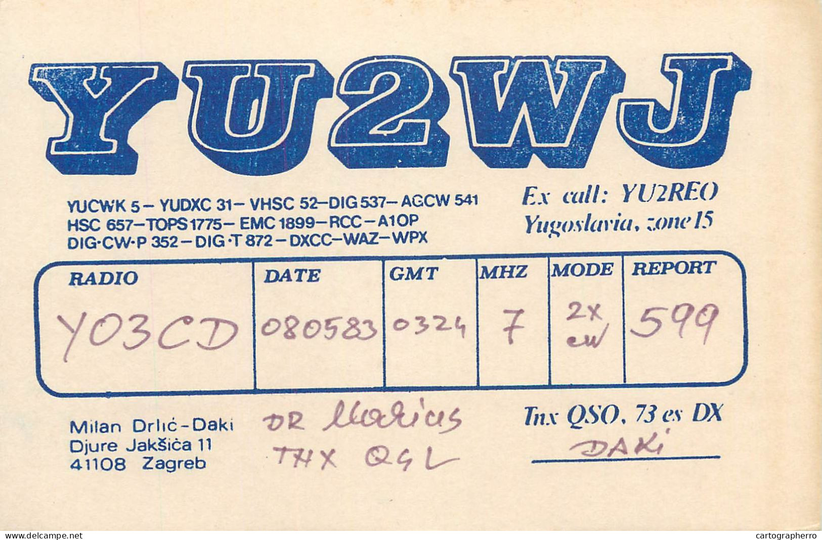 QSL Card Yugoslavia Amateur Radio Station YU2WJ Y03CD Marius Daki - Amateurfunk