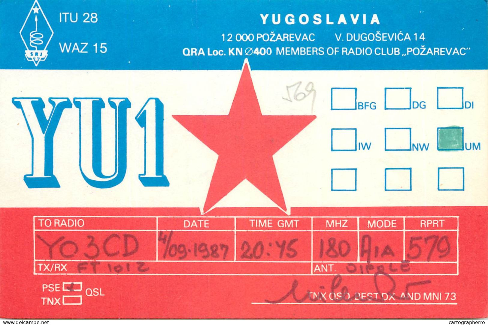 QSL Card Yugoslavia Amateur Radio Station YU1 Y03CD Milen - Radio Amateur