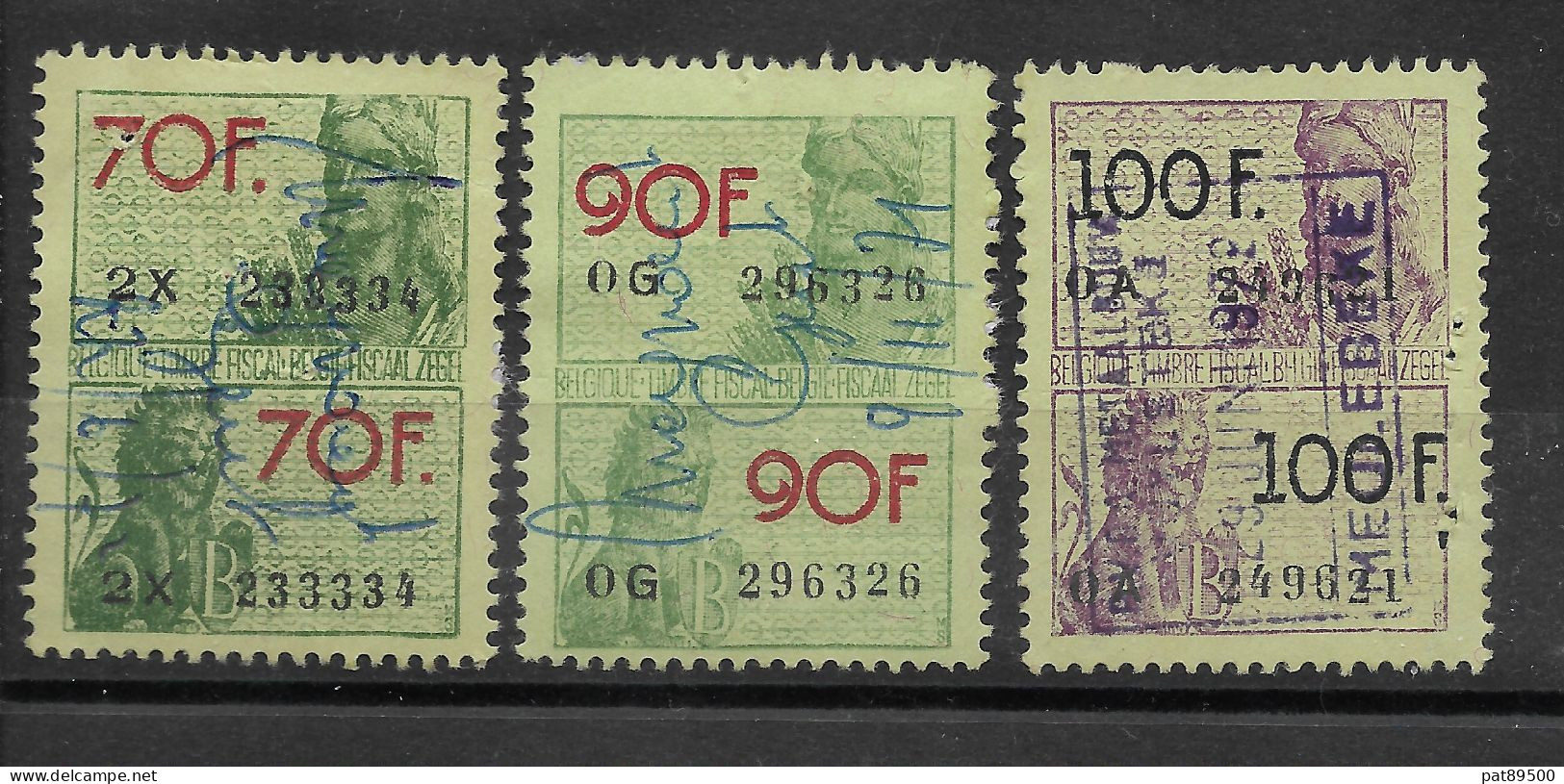 BELGIQUE / FISCAUX / EFFETS De COMMERCE / Lot De 3 Timbres Oblitérés :  70 Francs, 90 Francs, Et 100 Francs (rares) - Postzegels