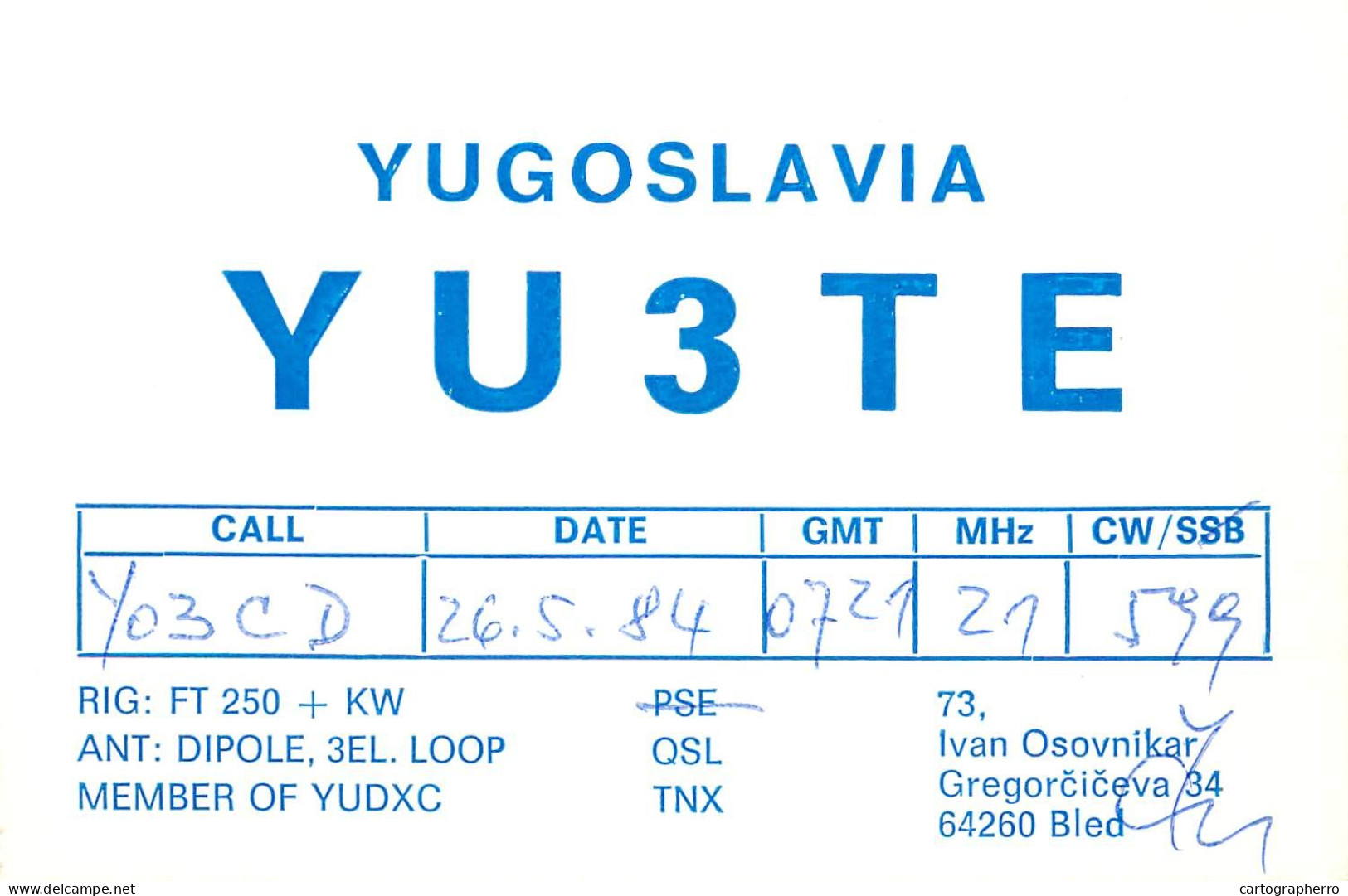 QSL Card Yugoslavia Amateur Radio Station YU3TE Y03CD - Radio Amateur