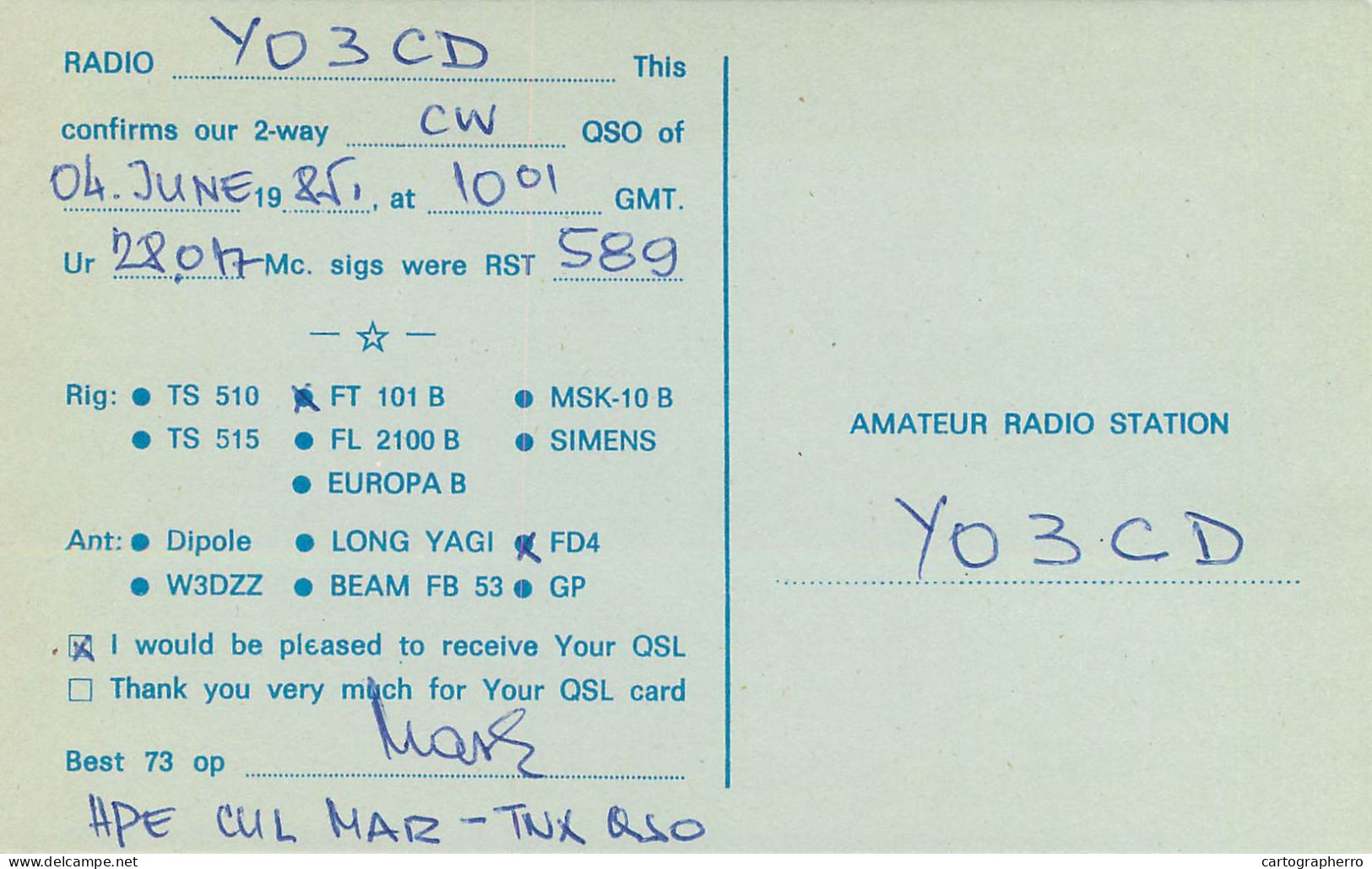 QSL Card Yugoslavia Amateur Radio Station YU2VC Y03CD - Radio Amateur