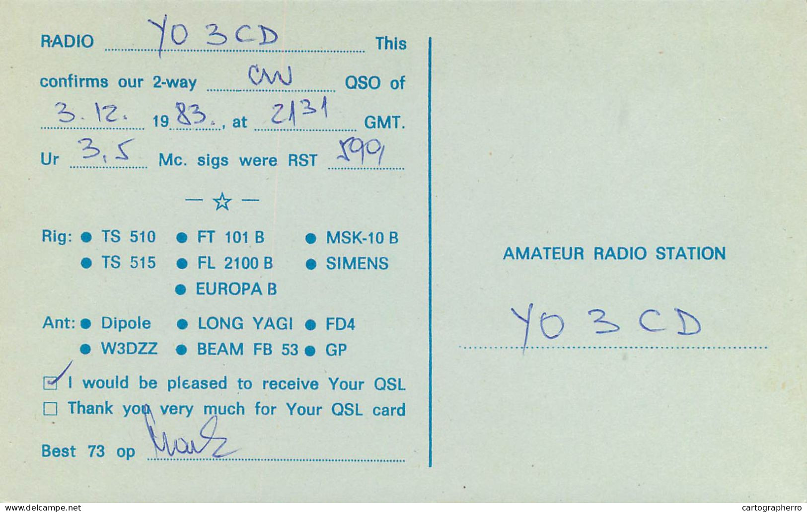 QSL Card Yugoslavia Amateur Radio Station YU2VC Y03CD - Radio Amateur