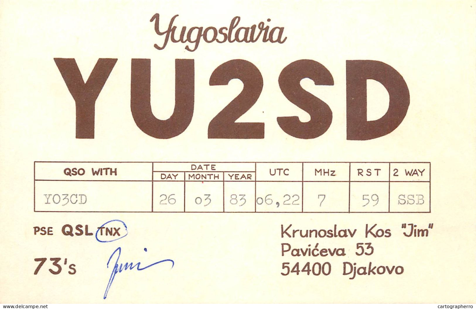 QSL Card Yugoslavia Amateur Radio Station YU2SD Y03CD Jimi - Radio Amateur