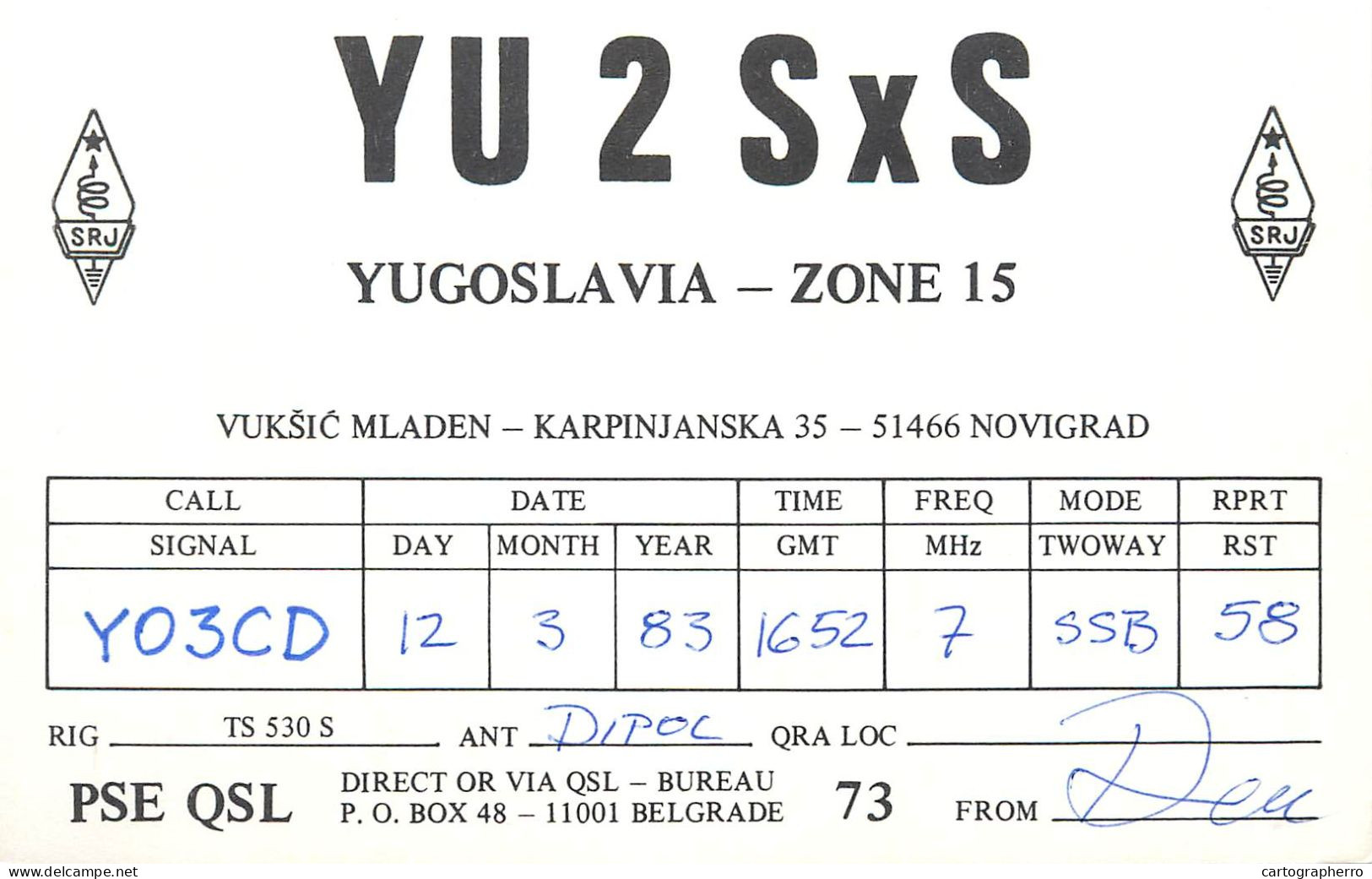 QSL Card Yugoslavia Amateur Radio Station YU2SxS Y03CD Den - Radio Amateur