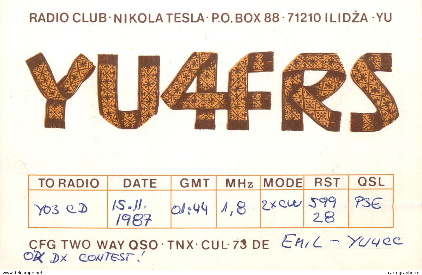 QSL Card Yugoslavia Amateur Radio Station YU4FRS Y03CD Emil - Radio Amateur