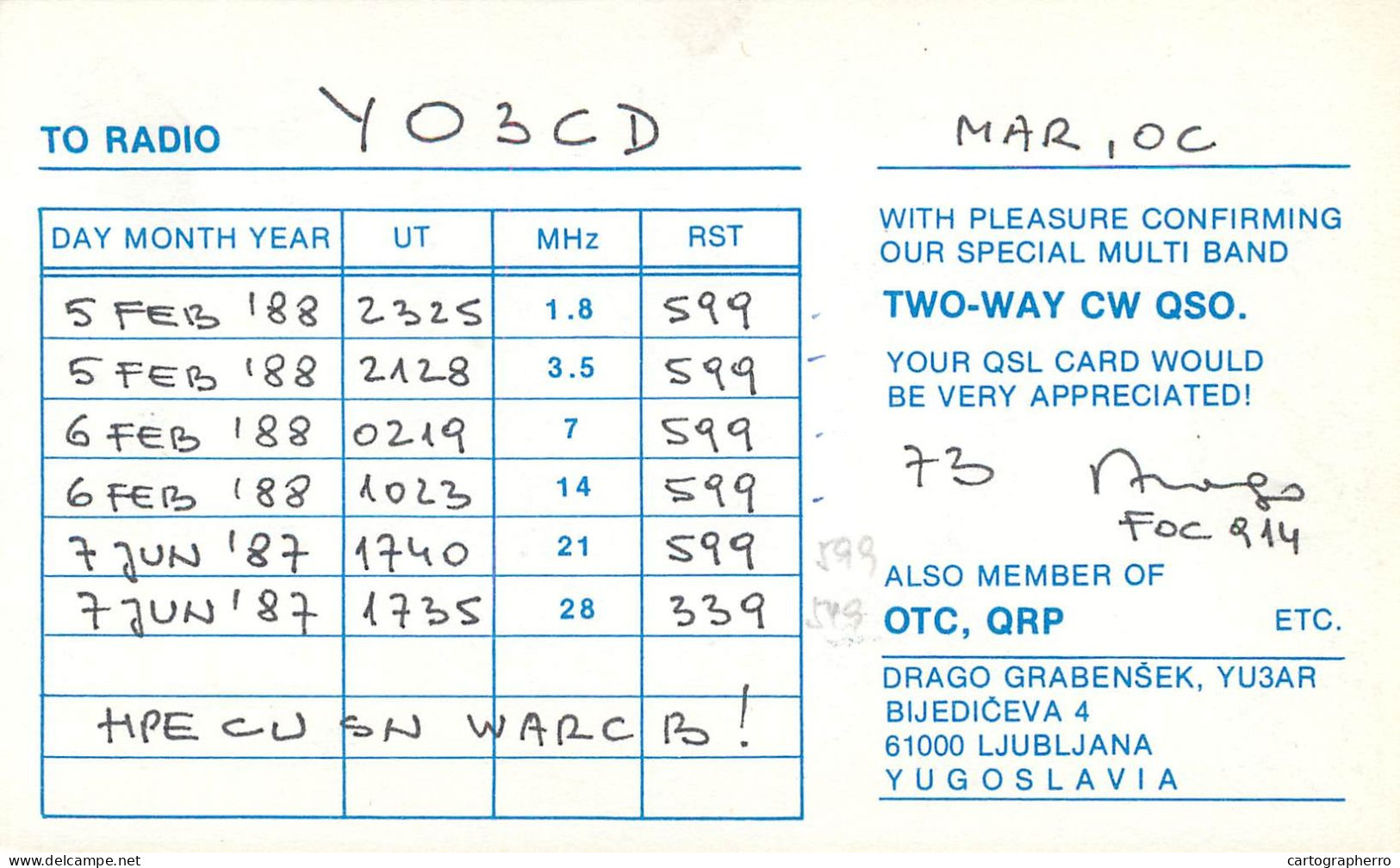 QSL Card Yugoslavia Amateur Radio Station YU3AR Y03CD - Radio Amateur