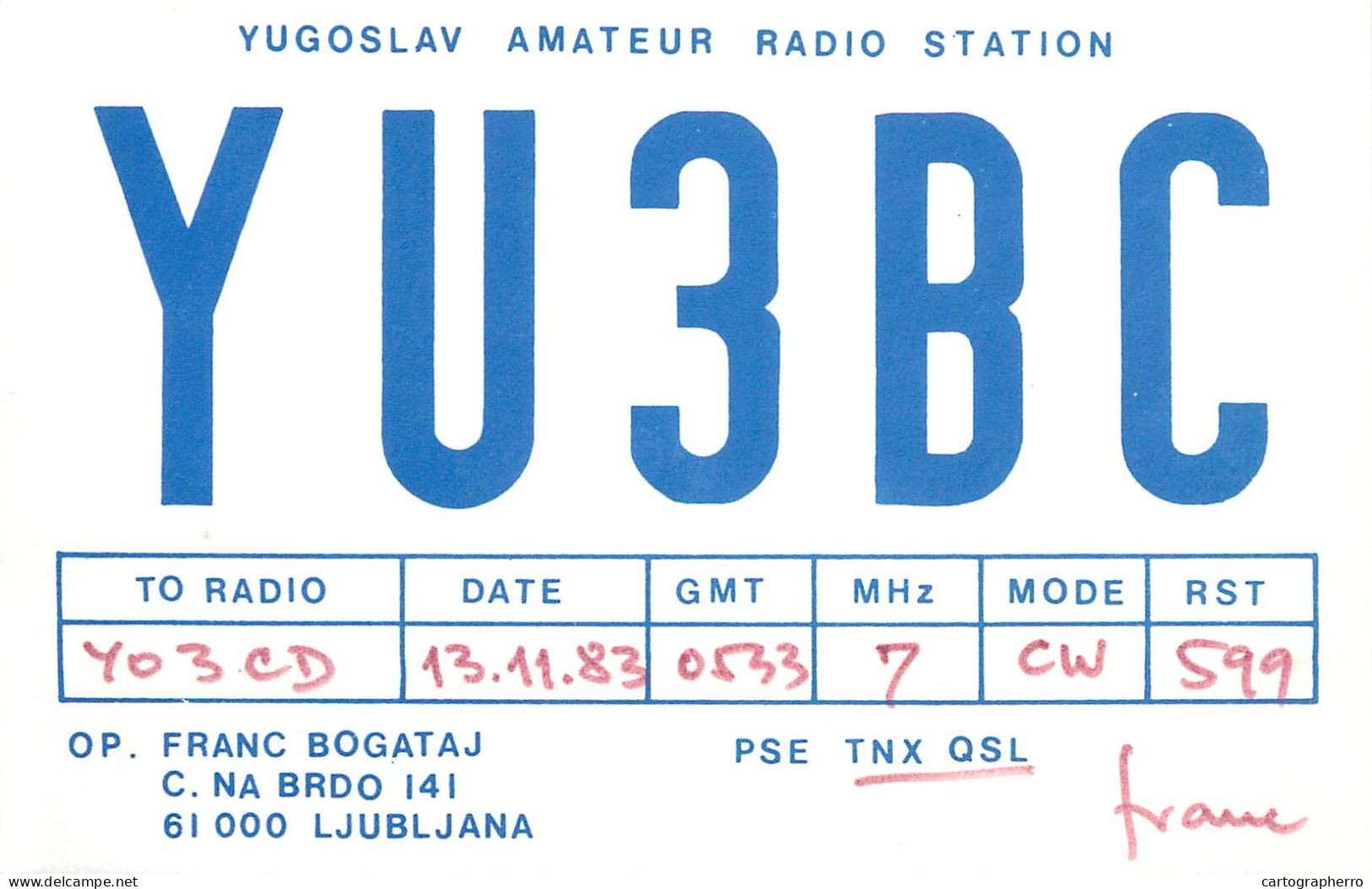 QSL Card Yugoslavia Amateur Radio Station YU3BC Y03CD 1983 Franc - Radio Amateur