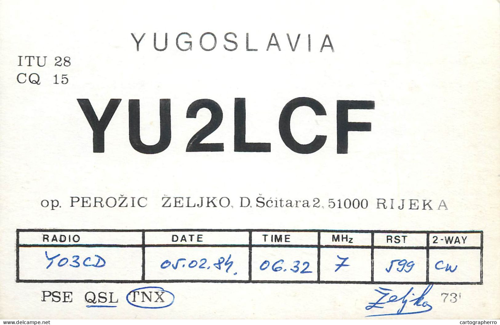 QSL Card Yugoslavia Amateur Radio Station YU2LCF Y03CD 1984 Zelika - Radio Amateur