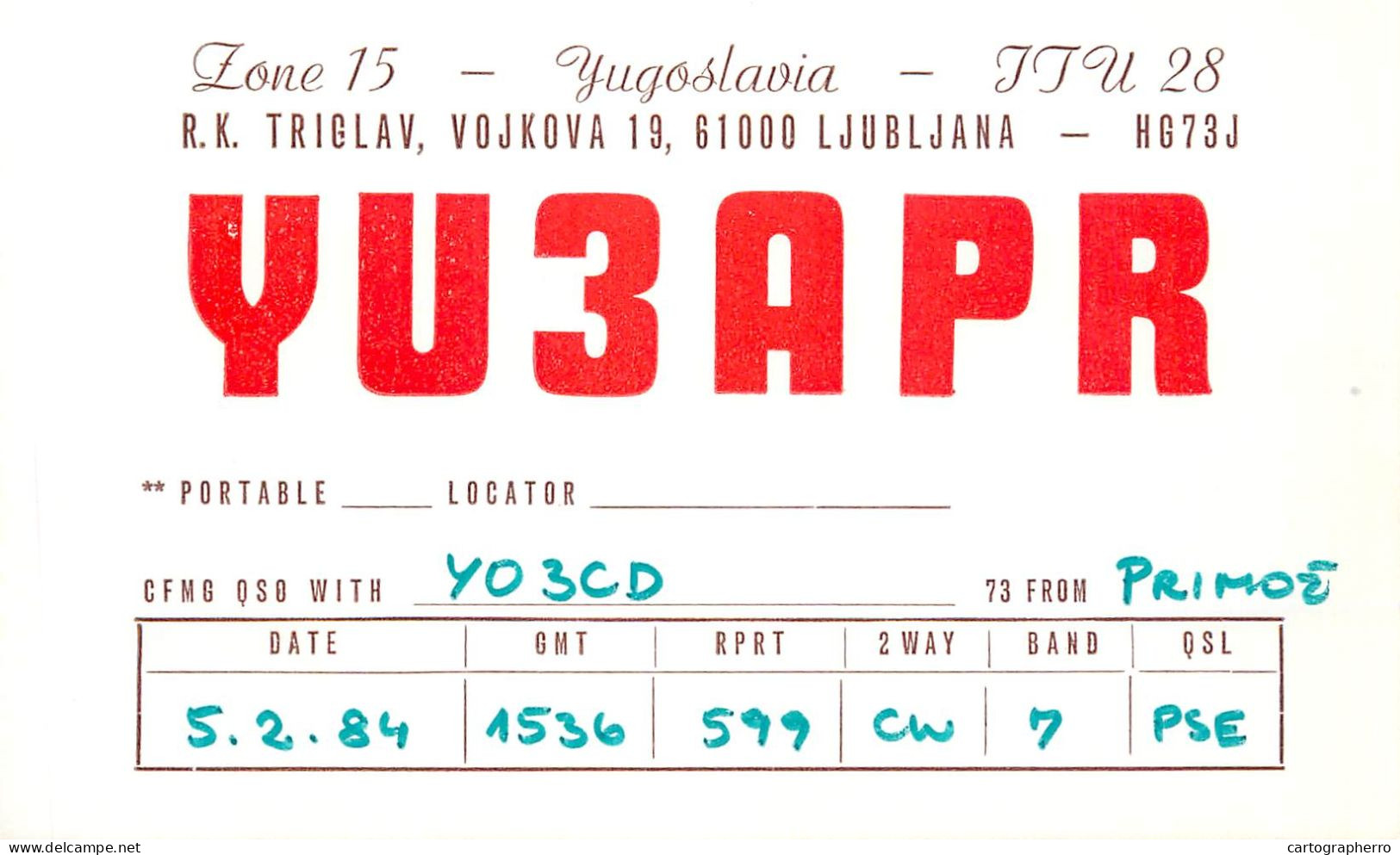 QSL Card Yugoslavia Amateur Radio Station YU3APR Y03CD 1984 Primoe - Radio Amateur