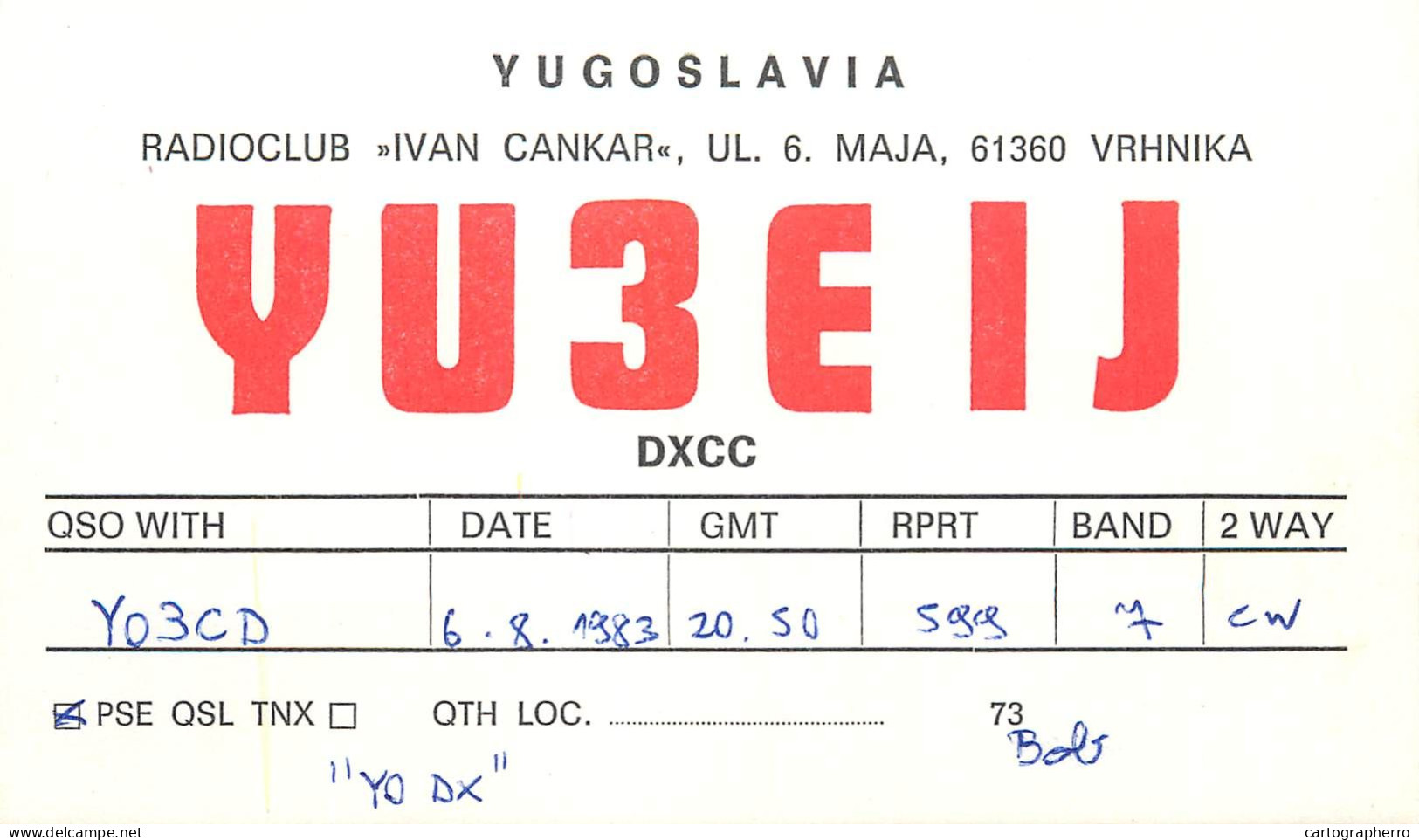 QSL Card Yugoslavia Amateur Radio Station YU3EIJ Y03CD 1983 Bob - Radio Amateur